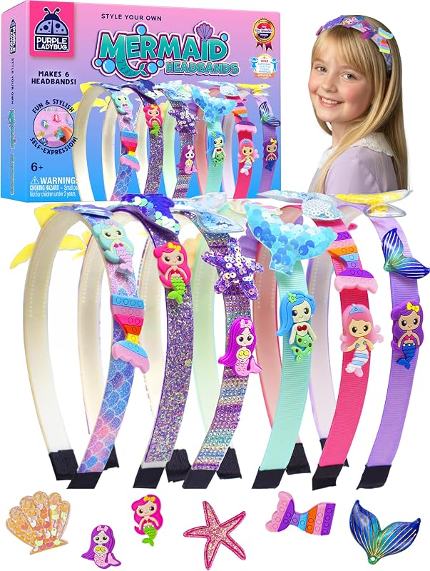 PURPLE LADYBUG Mermaid Headbands for Girls - Great 5 Year Old Girl Gifts, Creative Crafts for Kids Ages 4-8, Arts and Crafts for Kids 4-6, Hair Accessories and Birthday Gifts for Girls Ages 6 7 8 9 10