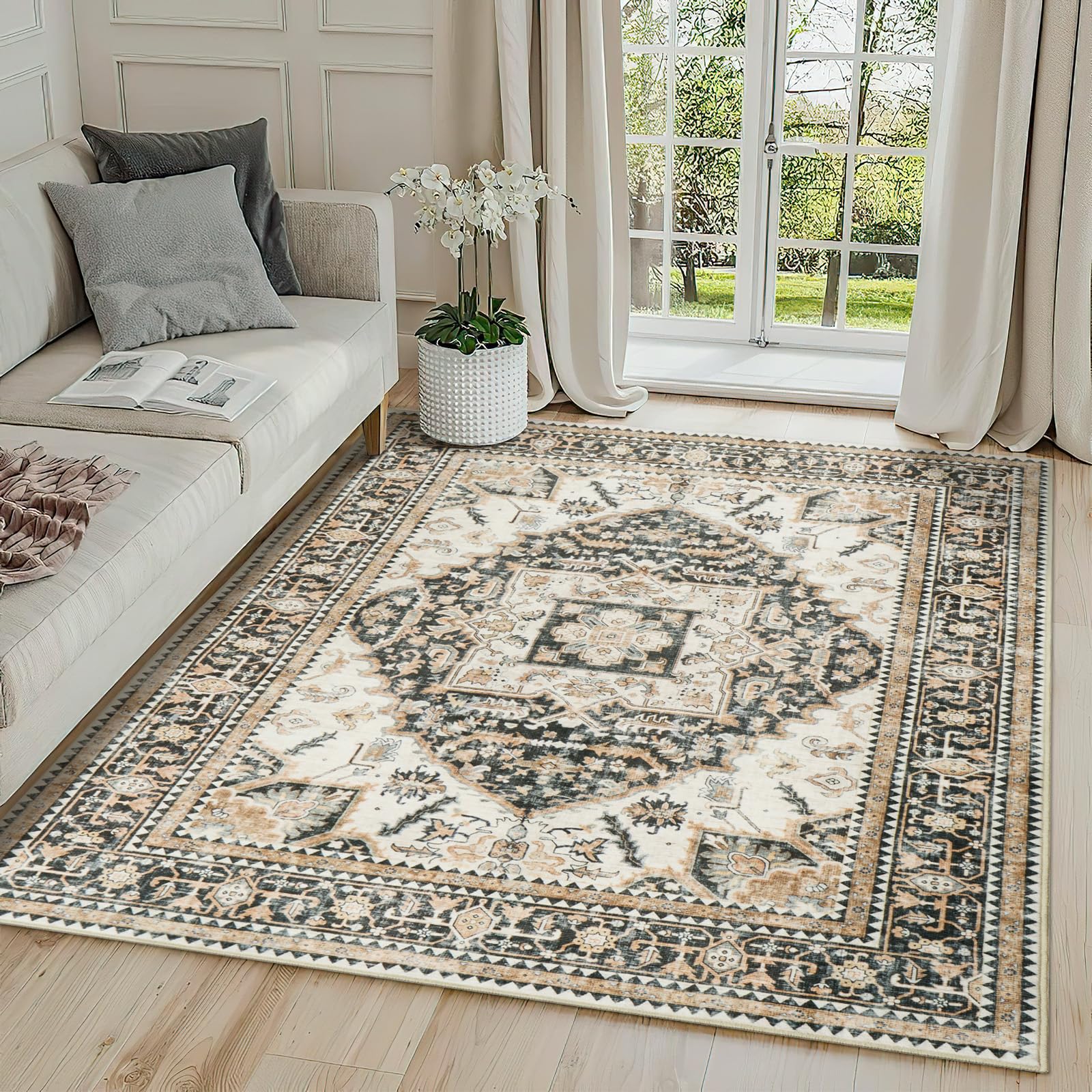 Bavni Vintage Blumen-Teppich – 12,7x17,8 Cm, Niedriger Flor, Rutschfeste Unterseite, Maschinenwaschbar (für Wohnzimmer, Schlafzimmer, Essbereich)
