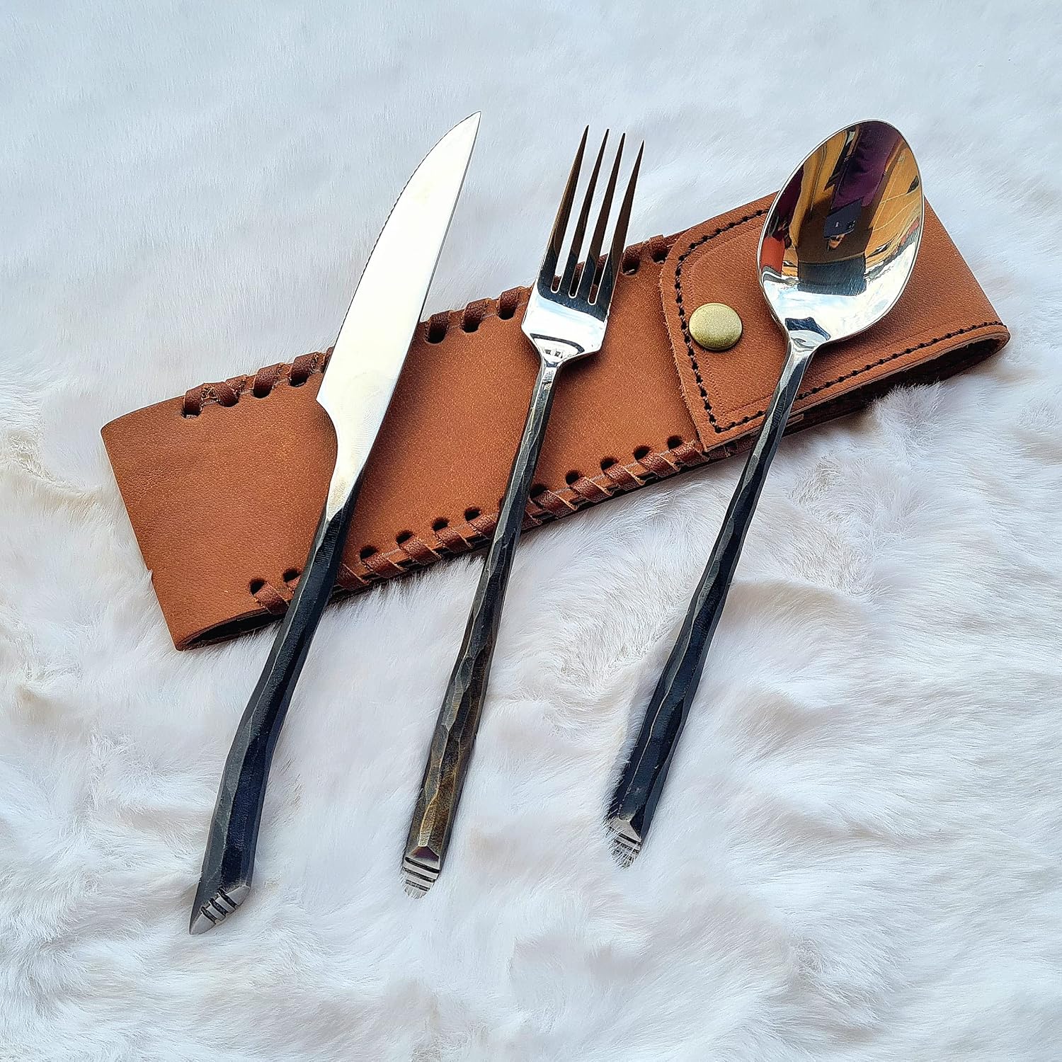 Hand-Forged Cutlery Set in Medieval Style | 3-Piece (Knife, Fork, Spoon) with Leather Case | Kitchen, Camping & Grill Gift Set | HFTC04x