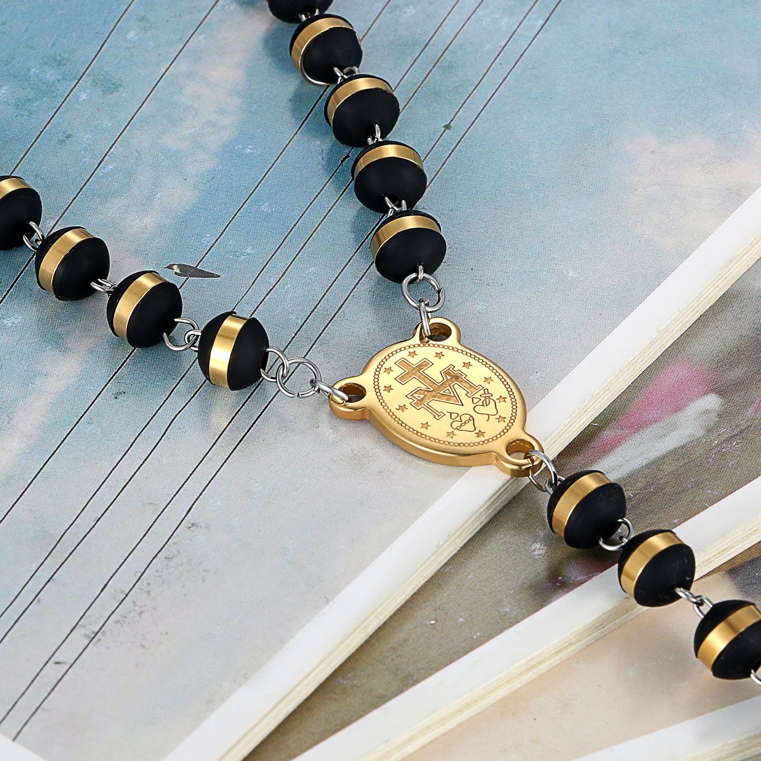 Collana di Cristo Rosario Ematite Pietra Nera Perline Ciondolo Croce Lunga Terrasanta