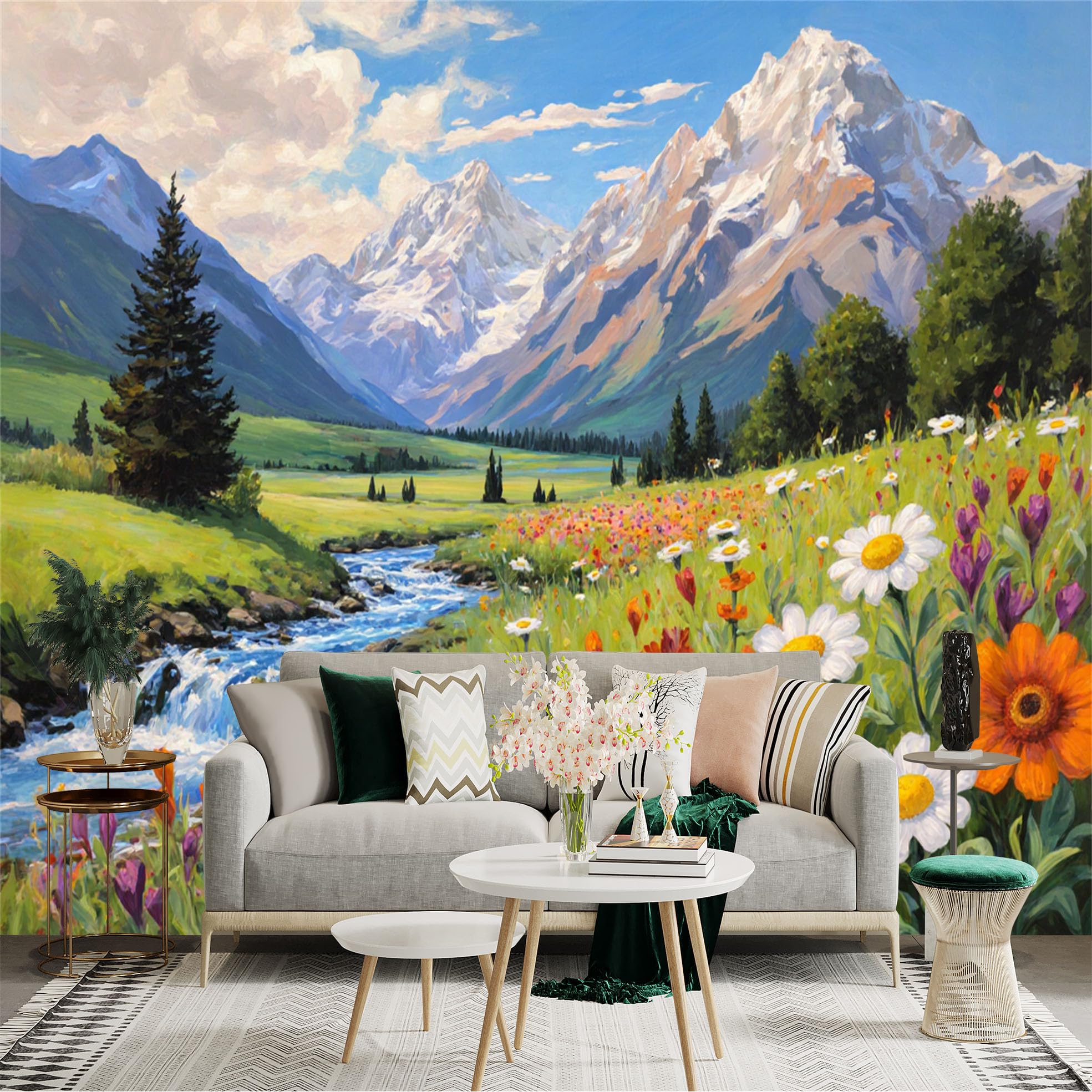 Custom Size Wall Sticker Mural， Colorful Wildflower Meadow with River and Snow Mountains Under Blue Sky， for wall Decoration， peelandstick wall Decals.