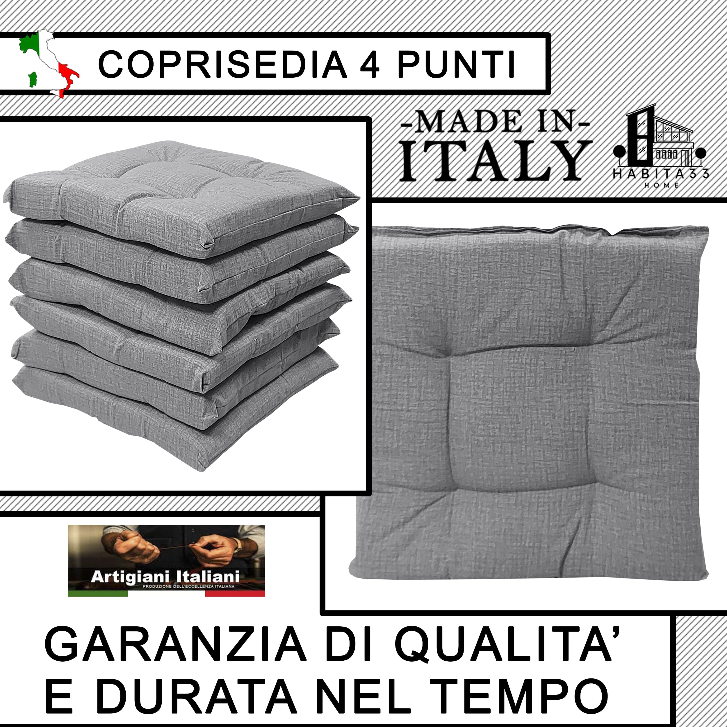 Cuscini per Sedie da Cucina Set da 6, Impermeabili e Antimacchia, Cuscini Sedie con Laccetti, Trapuntati al Centro, Double Face, Idrorepellenti, Coprisedie Cucina Made in Italy (Grigio Chiaro)