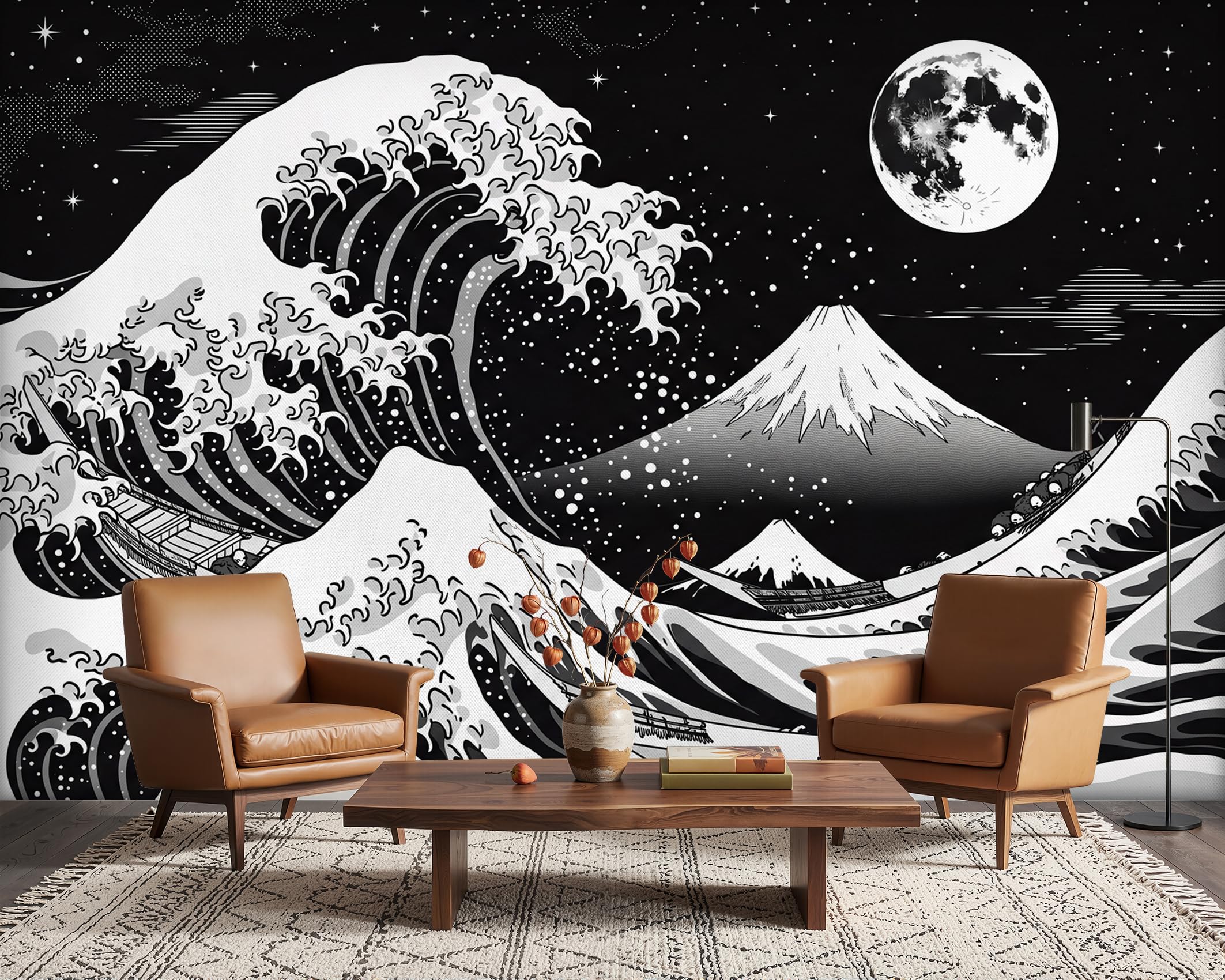 PaxGloz Black and White Japanese Great Wave Wall Mural, Moon Landscape Mount Fuji Wallpaper for Living Room & Bedroom, Non-Woven Decorative Wall Art 500x350 cm — image 1