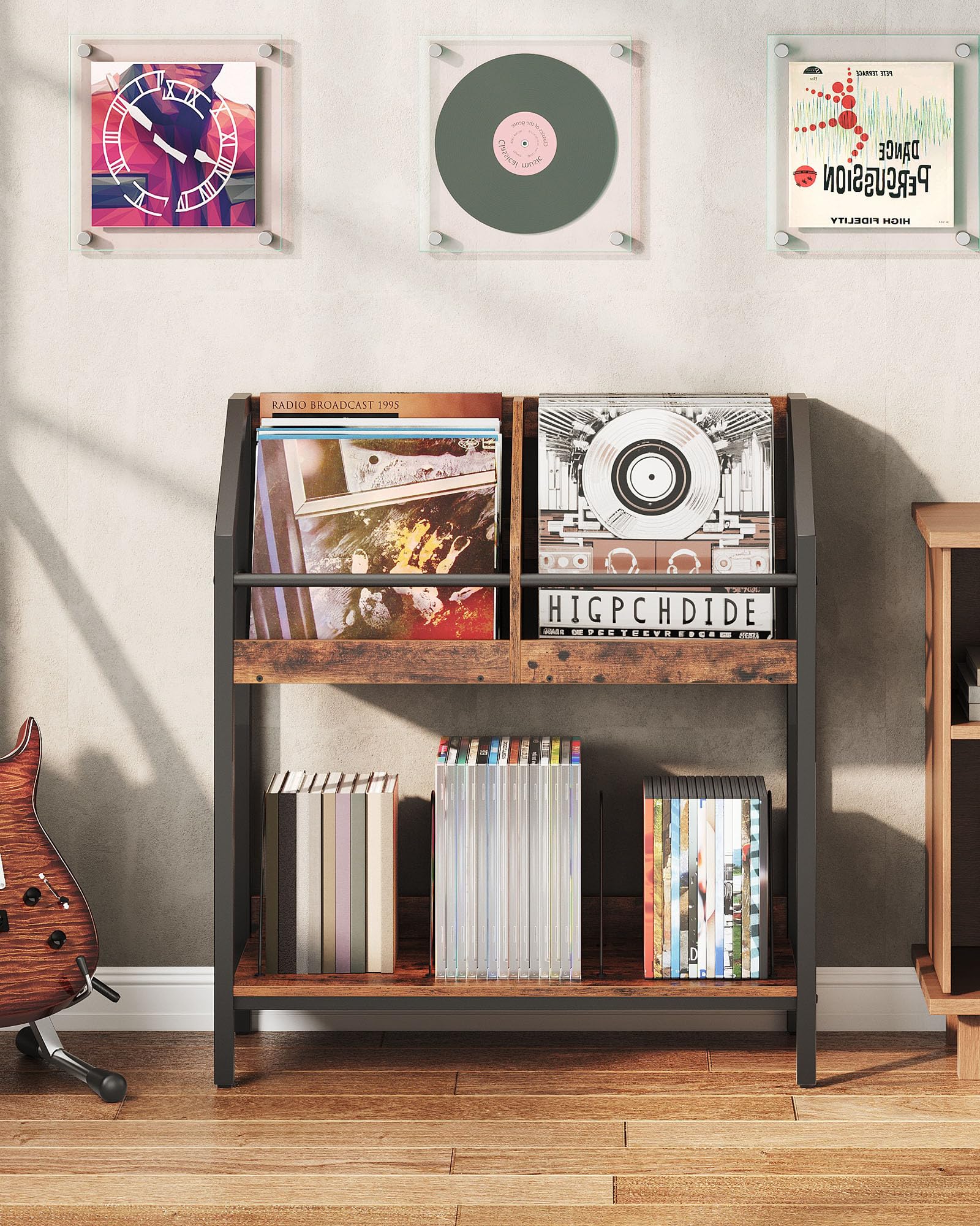 CHOEZON Vinyl Schallplatten Aufbewahrung, 2-stöckiger Schallplattenständer, Schallplattenregal, Schallplattenhalter mit Metallteiler, für CDs, Zeitschriften, Rustikales Braun und Schwarz DTCW07BF