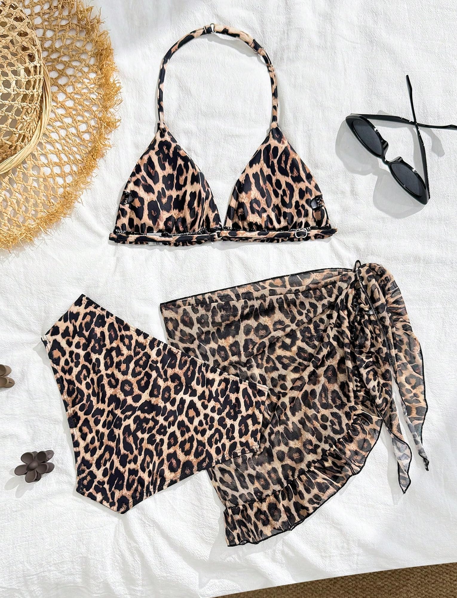 SEAUR Mädchen Bikini Set Leopardenmuster Blumen Triangel Bikini 3-teilig Badeanzug mit Rock Bademode Swimsuit für Kinder 8-12 Jahre
