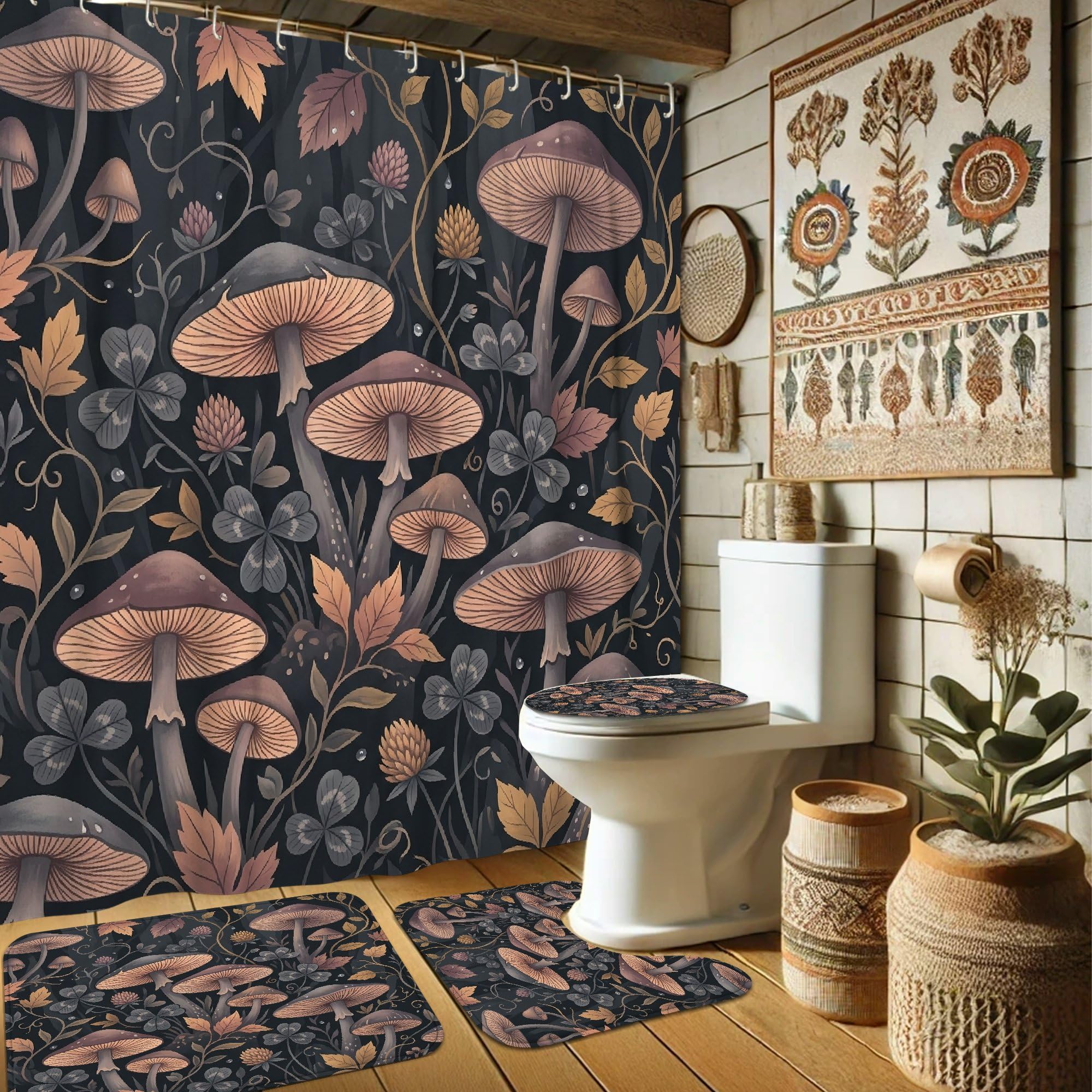 Rideaux de douche champignons d'automne lavables en toile avec crochets pour baignoire de dortoir