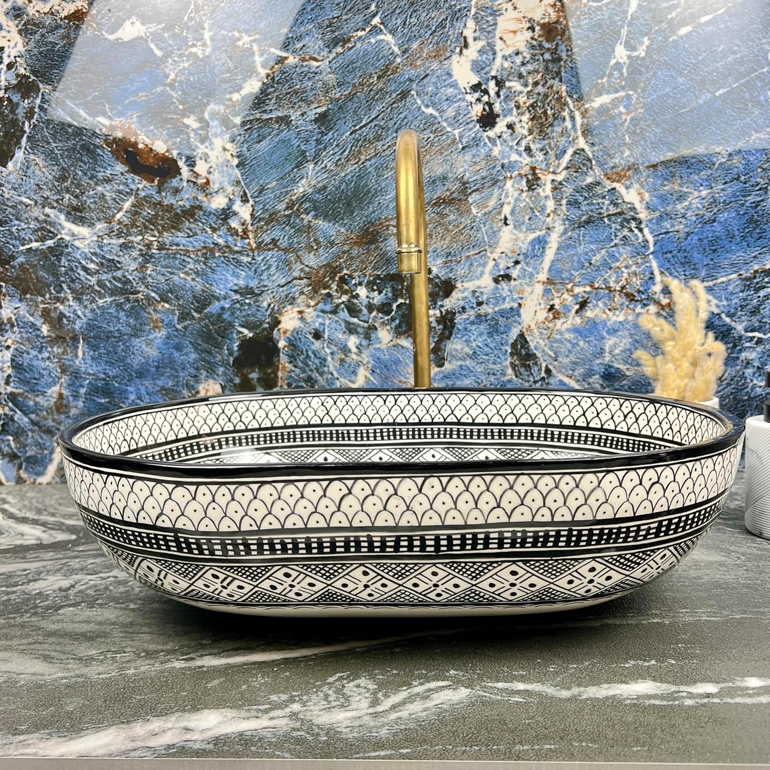 Handmade Moroccan Ceramic Vessel Sink - Black & White Geometric Oval Countertop Basin - Hand-Painted Lattice Trellis Design for Bathroom Vanity (38x29cm = 15x11.5in)
