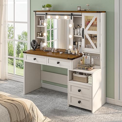 EnHomee 47.2" W Farmhouse Vanity Desk with Mirror and Lights, Makeup Vanity with Charging Station & 4 Drawers,Makeup Vanity Table for Bedroom,White,Stool not Included