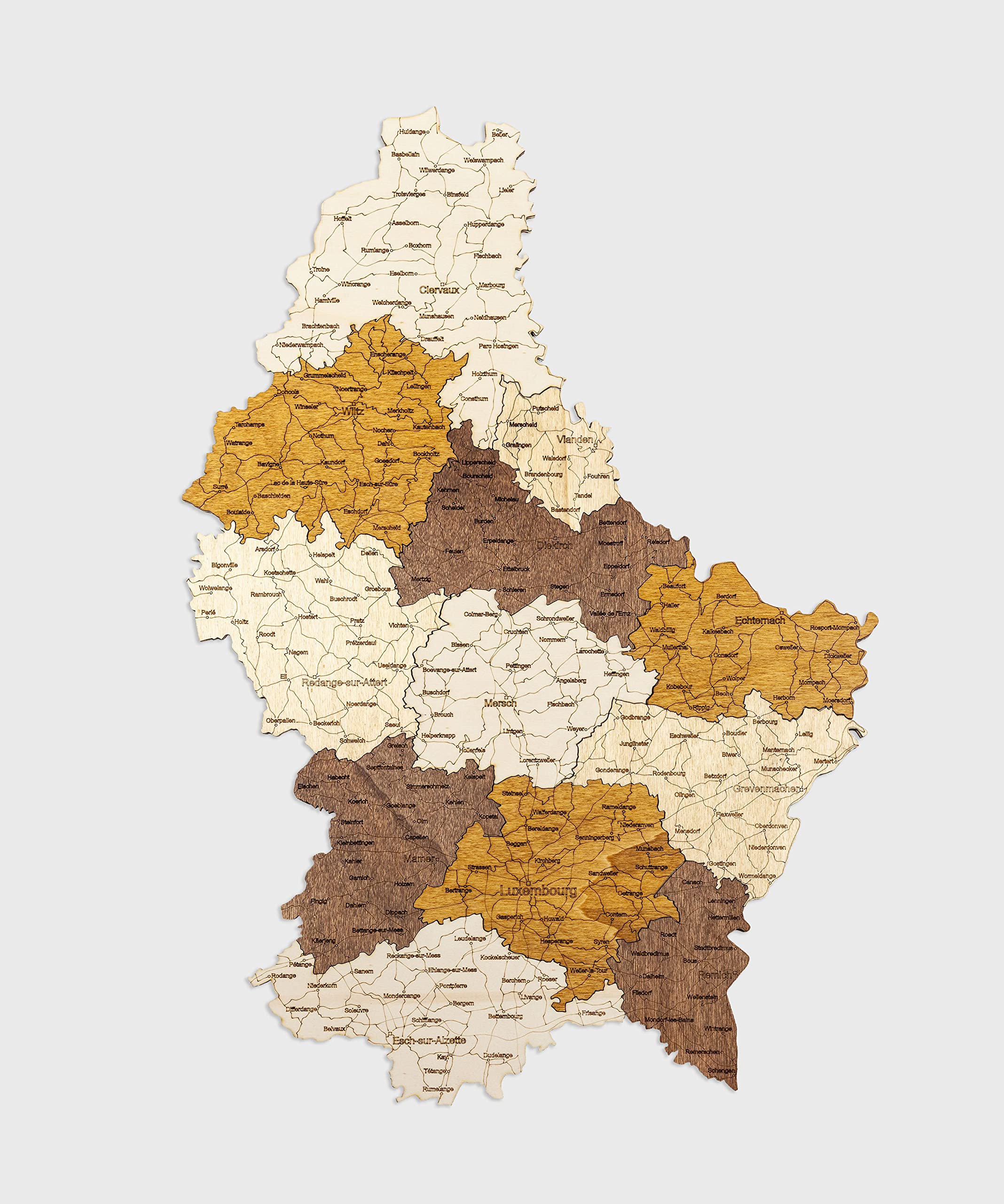 68travel Mapa de madera de Luxemburgo (49 x 70 cm), arte de pared grande multicapa con manchas naturales, para sala de estar, estudio, oficina