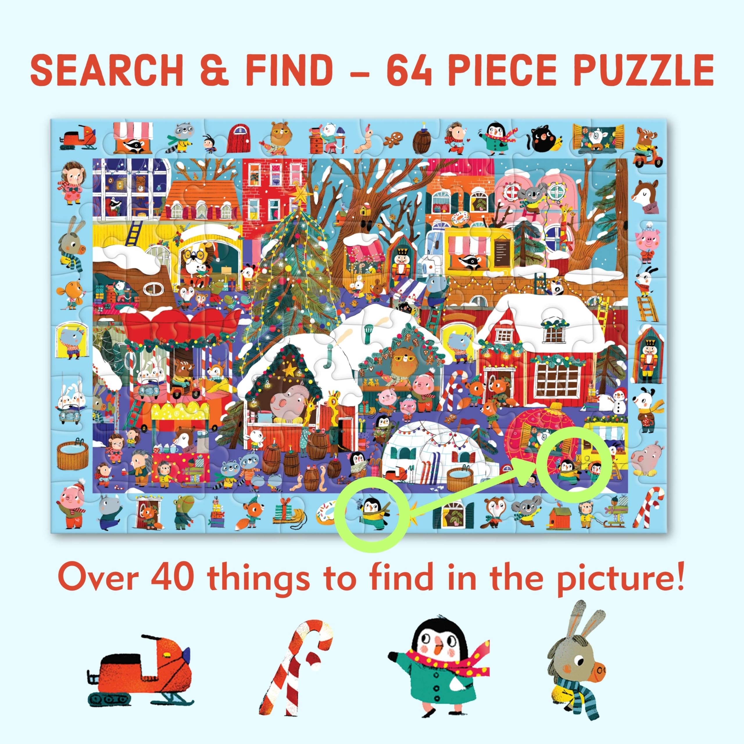 Mudpuppy Christmas Market - 64 Piece Search & Find Jigsaw Puzzle Featuring Festive Critters Shopping Around The Christmas Market and Over 40 Hidden Images to Find - Image 3