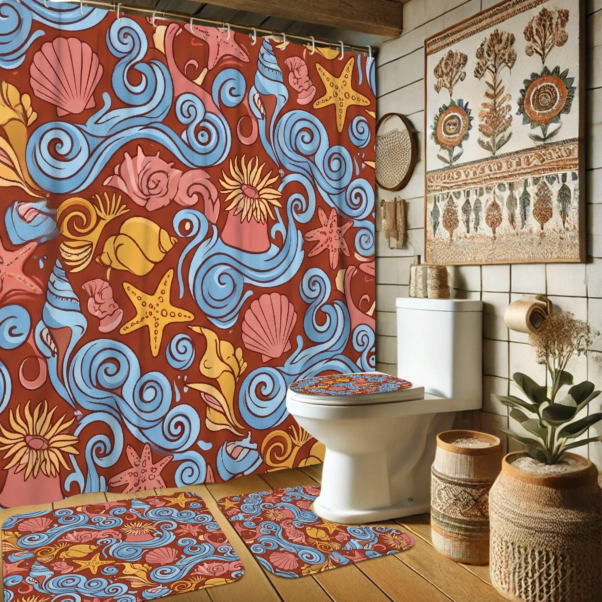 Rideau de douche bleu 183x183 en toile avec crochets motif coquillages et vagues lavable
