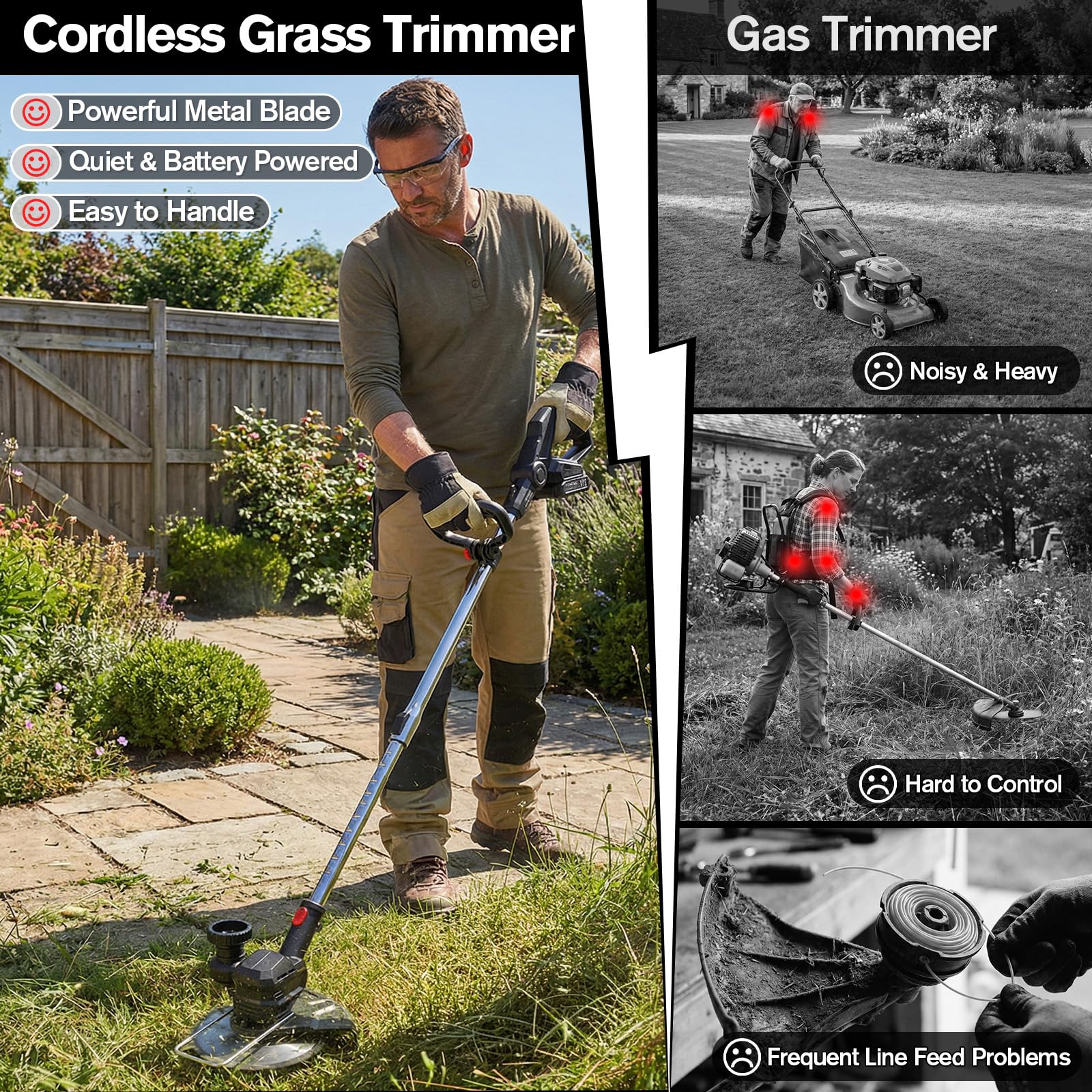 Cordless Strimmer with 2x2.0Ah Batteries, 750W Grass Trimmer and Cordless Brush Cutter with Wheels, 24000RPM Electric Weed Trimmer with Metal Blades, Lightweight Telescopic Strimmer — view 8