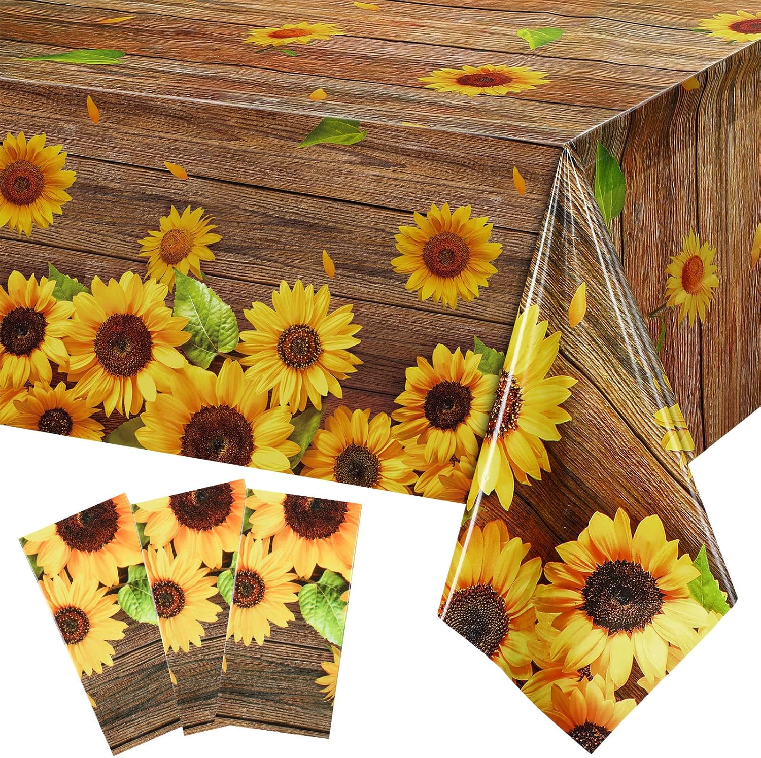 Breling Sunflower Tablecloth Decorations Plastic Sunflower Picnic Table Cover Vintage Wood Grain Tablecloth for Camping Indoor Outdoor Birthday Baby Shower Party Supplies, 54 x 108 Inch(Dark Brown)