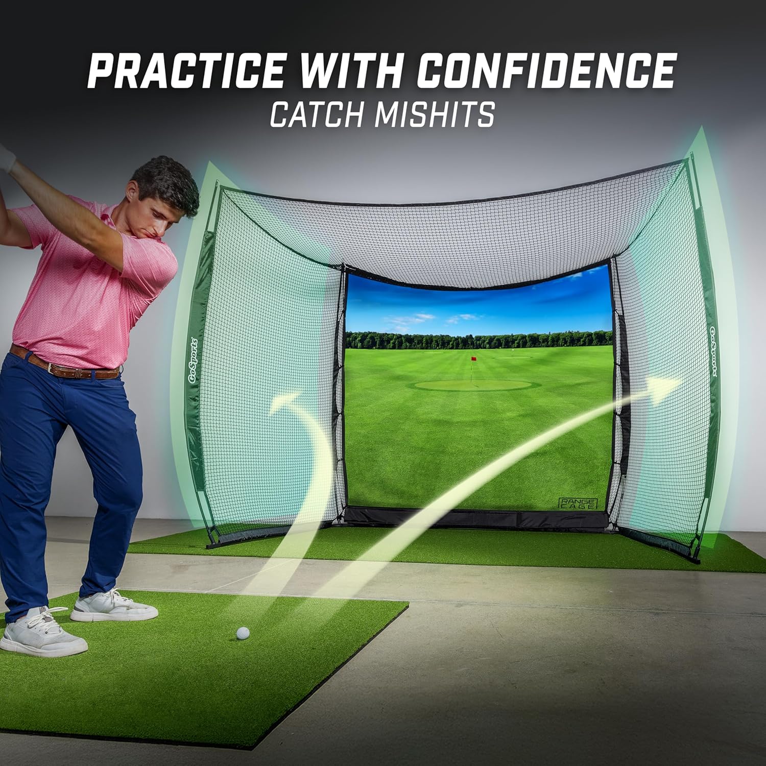 GoSports Range Cage 10 ft x 8 ft Golf Net Cage – Indoor & Outdoor Golf Practice Net for Full Swing Training and Home Golf Simulator Setups