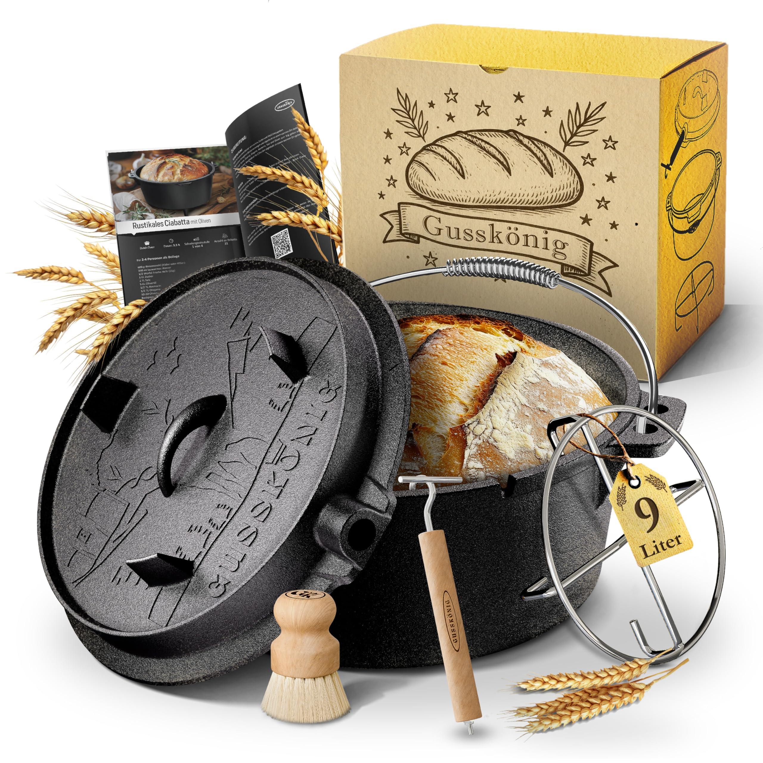 GUSSKÖNIG Gusseisen Brotbackform mit Deckel 33 cm - Brotbacktopf inkl. Rezeptbuch I Brottopf zum backen I Brot Backen Zubehör I eingebrannter Dutch Oven zum Brotbacken I Gusseisen Topf Brot backen