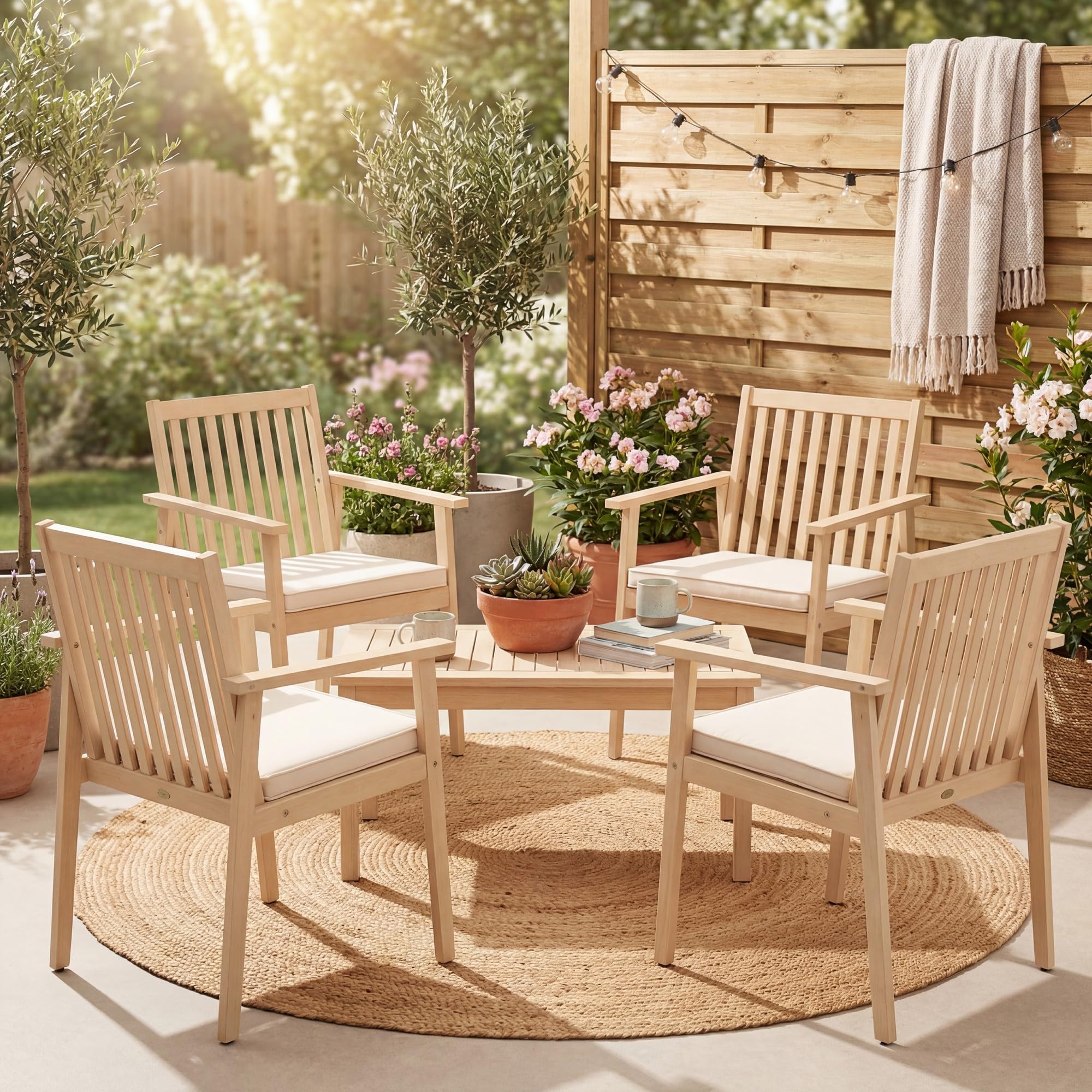 GIANTEX Juego de 2 sillas de comedor de madera de acacia con cojín acolchado, reposabrazos y patas ajustables, silla de cocina de hasta 180 kg, para patio, terraza, 64 x 59 x 86 cm (beige)