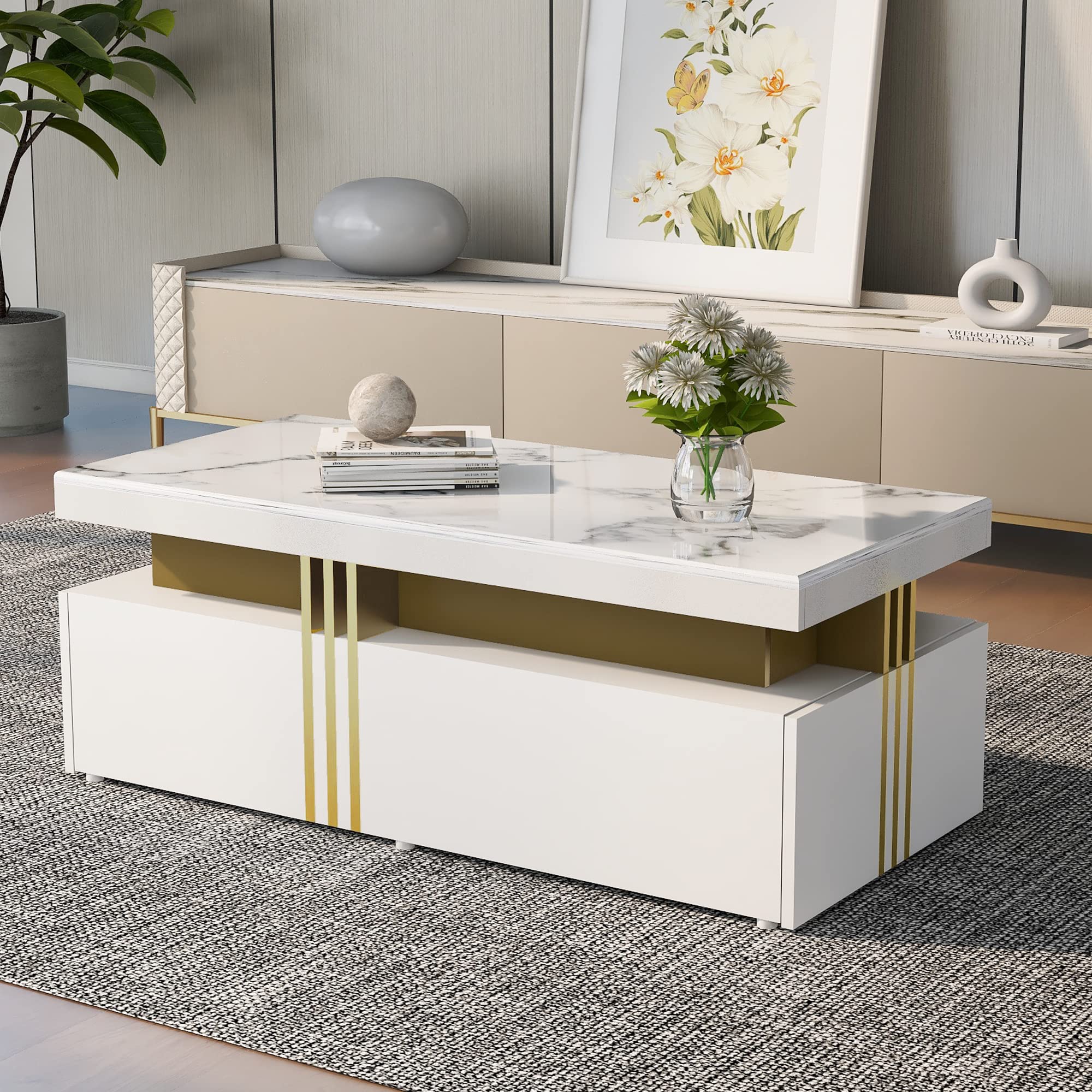 BTM Coffee Table, White Rectangular Coffee Table with PVC Pattern Top and 2 Wooden Drawers, Living Room Table 100x50x40cm — image 1