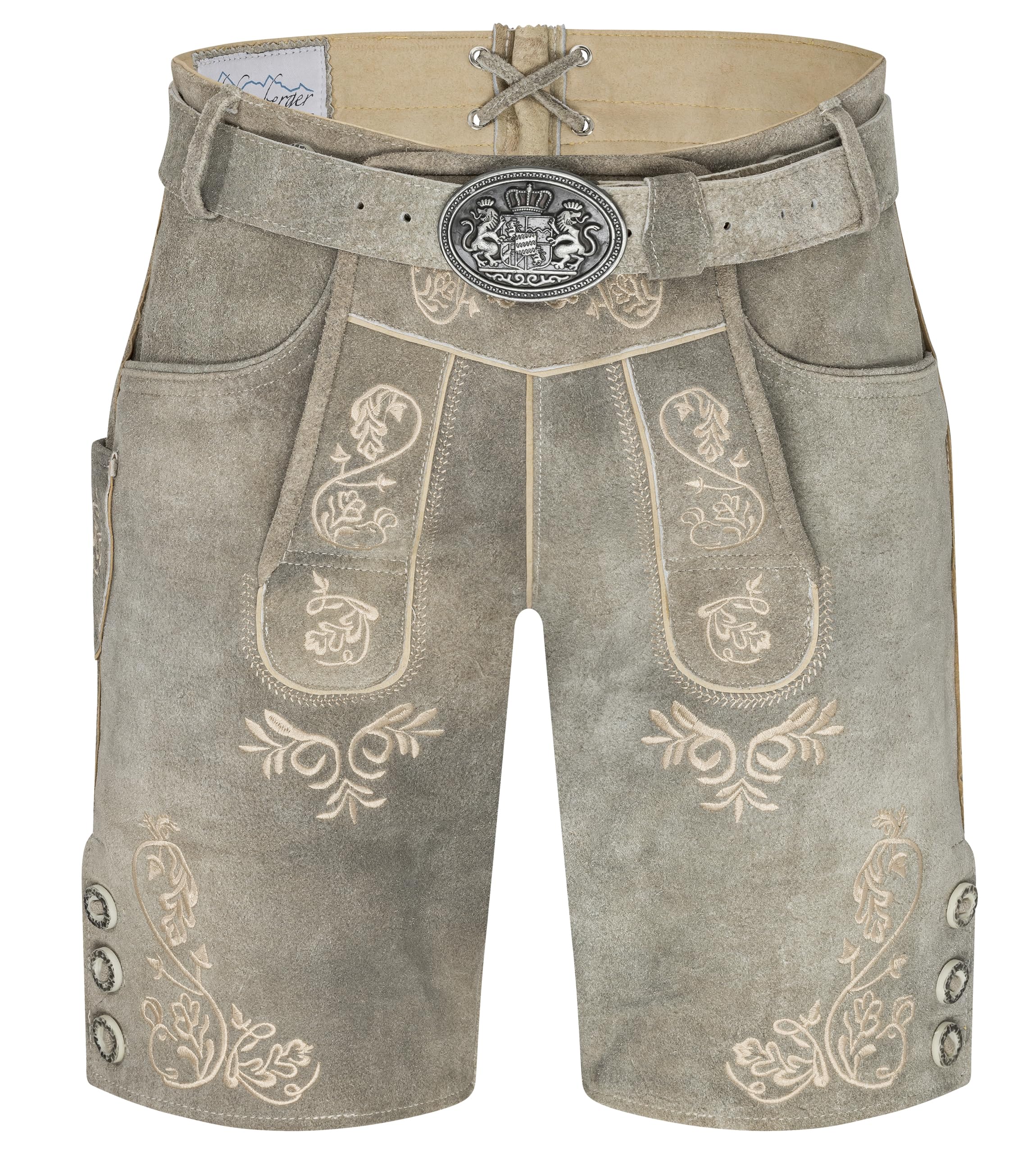 Schöneberger Trachten Couture Herren Lederhose kurz mit Trachtengürtel Bayern, Trachtenlederhose für Oktoberfest, Original Nubuk-Leder, Bergjäger