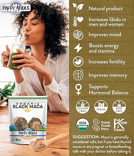 Miniatura 3 de Happy Andes Polvo de raíz de maca negro orgánico puro y crudo sin OMG USDA para energía y fitness rendimiento y estado de ánimo para hombres y