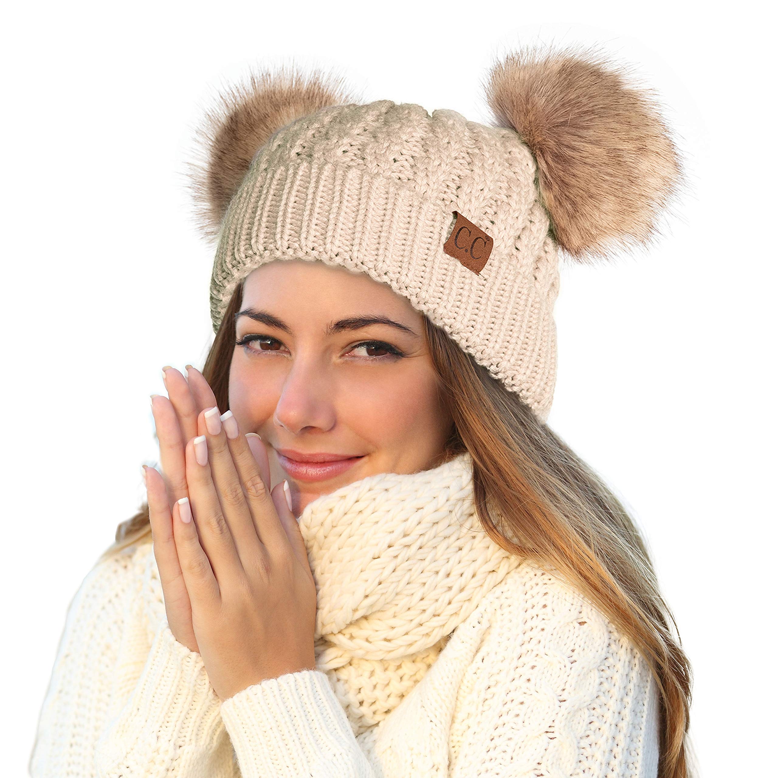C.C Hatsandscarf Exclusives Natural Double Pom Pom Cable Knit