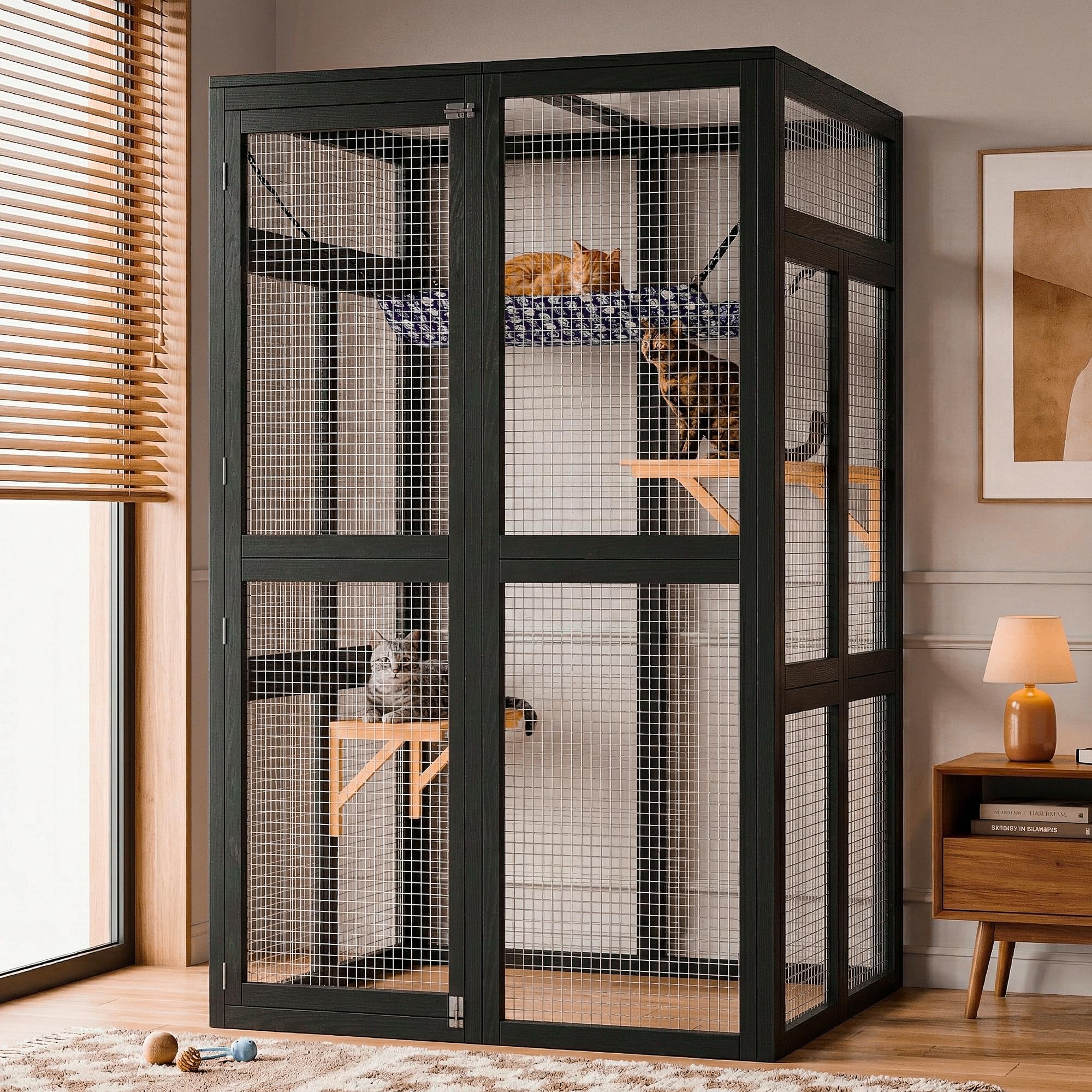 Garvee Enclos à Chat Extérieur en Bois – Toit imperméable, 2 Plateformes, Hamac, Accès Fenêtre – Multi-Chats, Jardin, Balcon, Noir, 100×84×162 cm