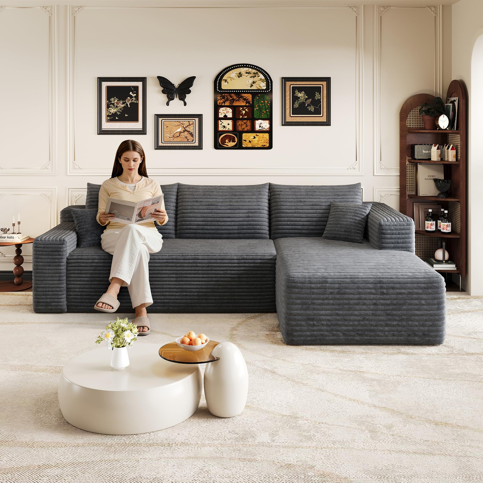Sofá de esquina convertible, 239 cm, sofá comprimido con chaise longue en forma de L, sofá de esquina modular acolchado con asiento profundo para sala de estar (gris, ángulo derecho)