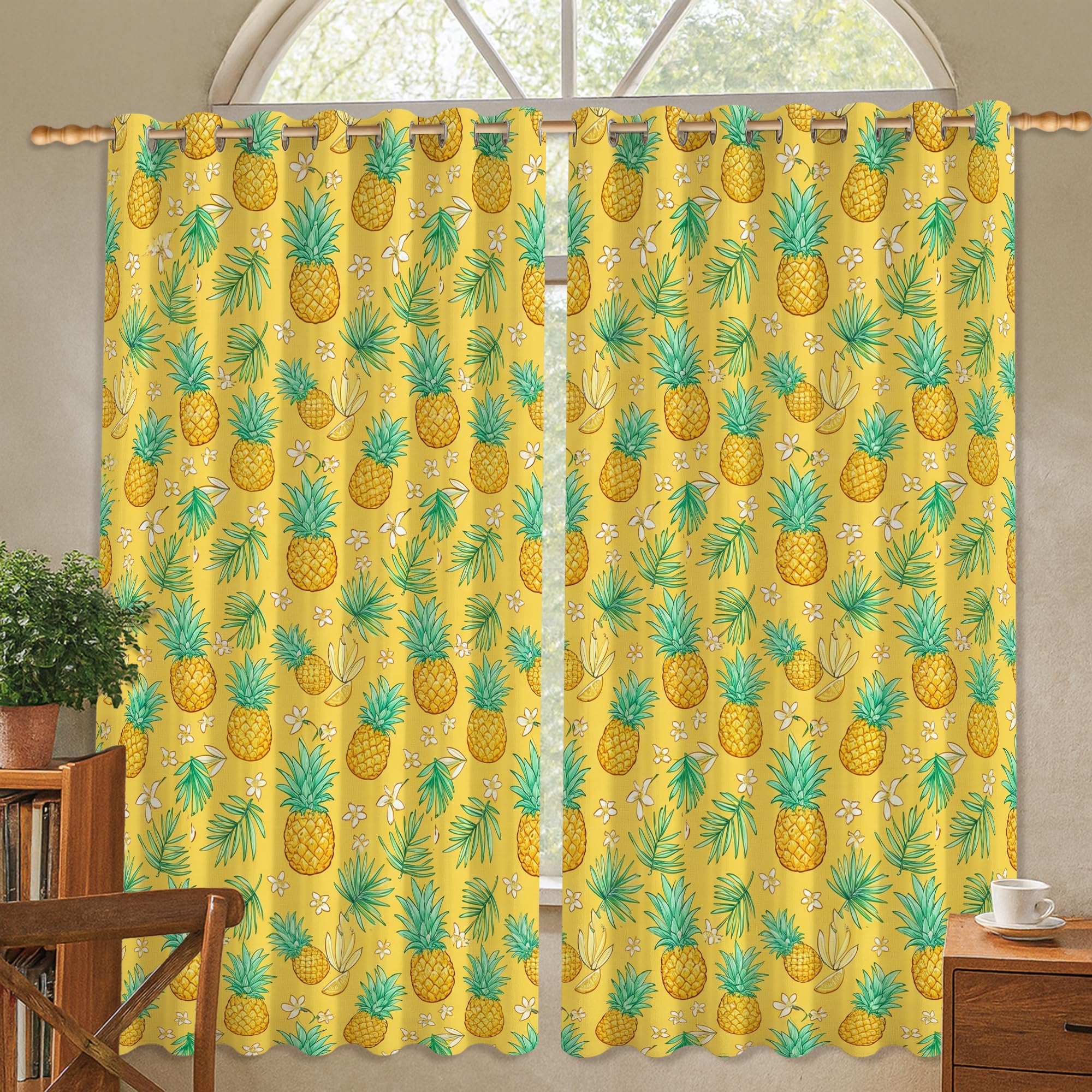 Rideau occultant thermique motif feuilles de palmier jaune d'été pour un sommeil paisible