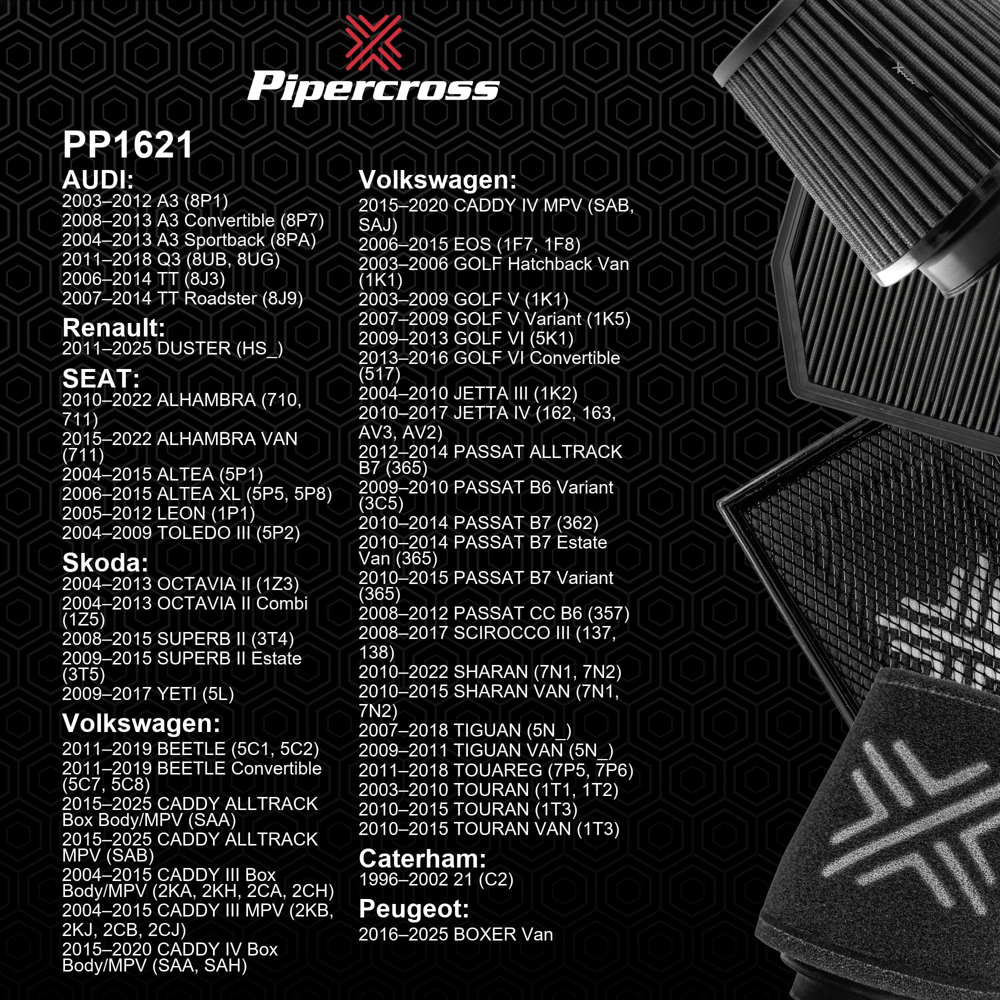 Pipercross Filtro para Audi, VW, SEAT, PP1621 | Mejora respuesta acelerador, Par y potencia, Espuma lavable durable, Fácil instalación, Mejor eficiencia combustible