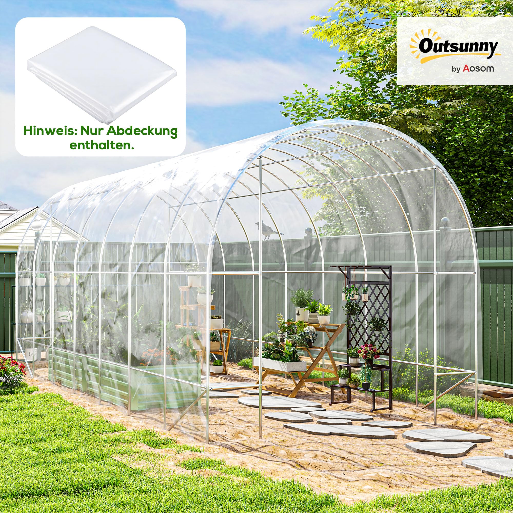 Outsunny pellicola per serre 7x8 m pellicola da giardino impermeabile con protezione UV, pellicola di plastica antistrappo extra spessa, telo di copertura per serra film tunnel, pellicola tunnel per