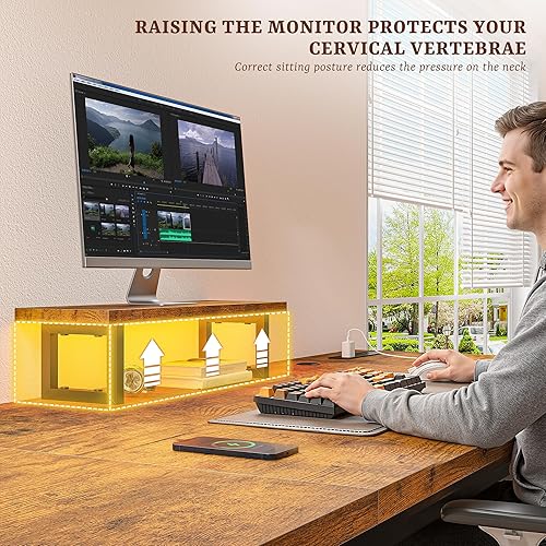 Miniatura 9 de Escritorio para computadora de 63 pulgadas con soporte para monitor y escritorio de 0.945 in de grosor, escritorio para juegos con tomas de