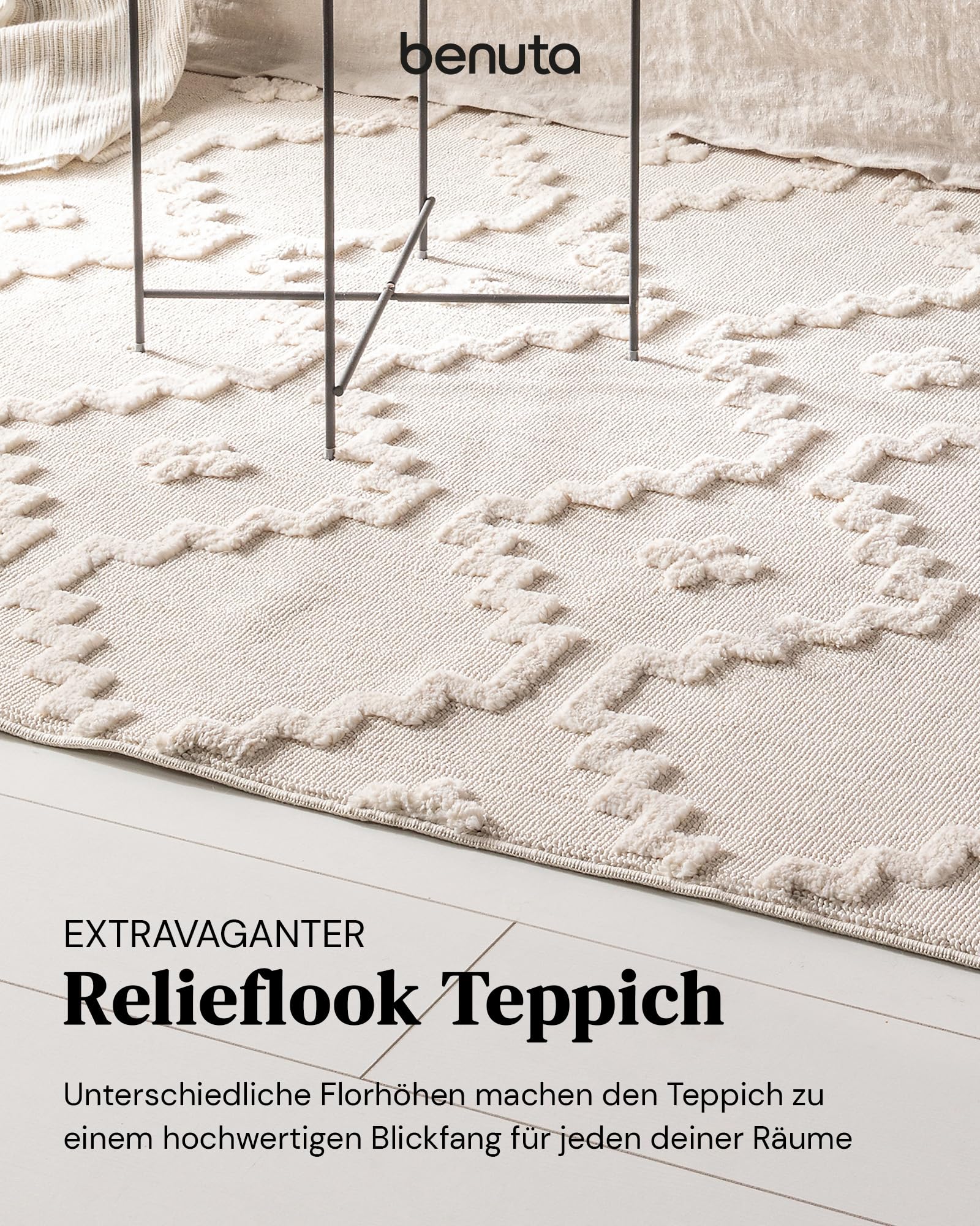 benuta Pop Teppich OYO - Creme 80x150 cm - Eleganter Boho Look Teppich für Schlafzimmer und Wohnzimmer - Maschinengewebt - Für Fußbodenheizung geeignet