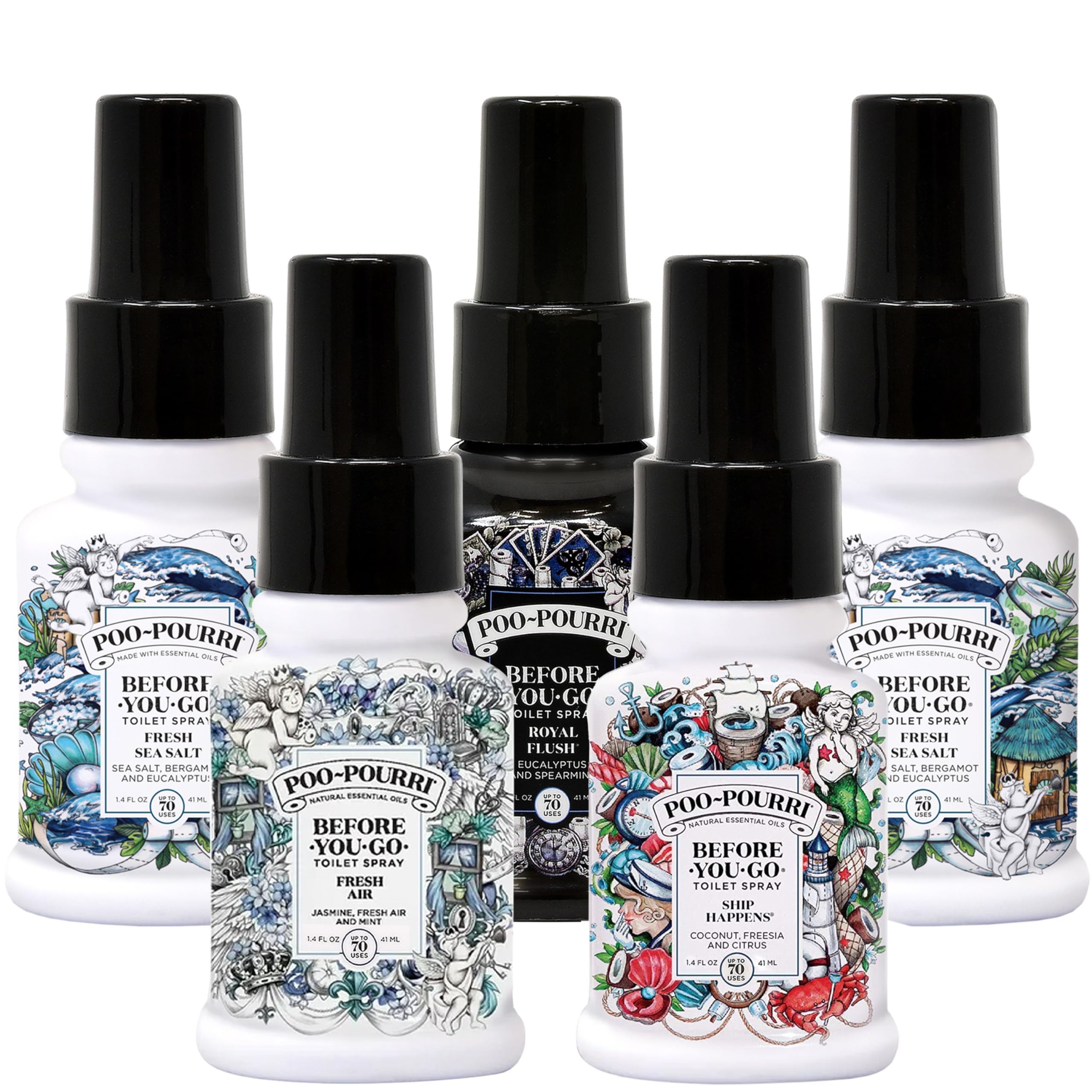 Poo-Pourri Set - Includes Original Citrus, Fresh Sea Salt, Fresh Air, Ship Happens, and Royal Flush 1.4 Ounce Bottles