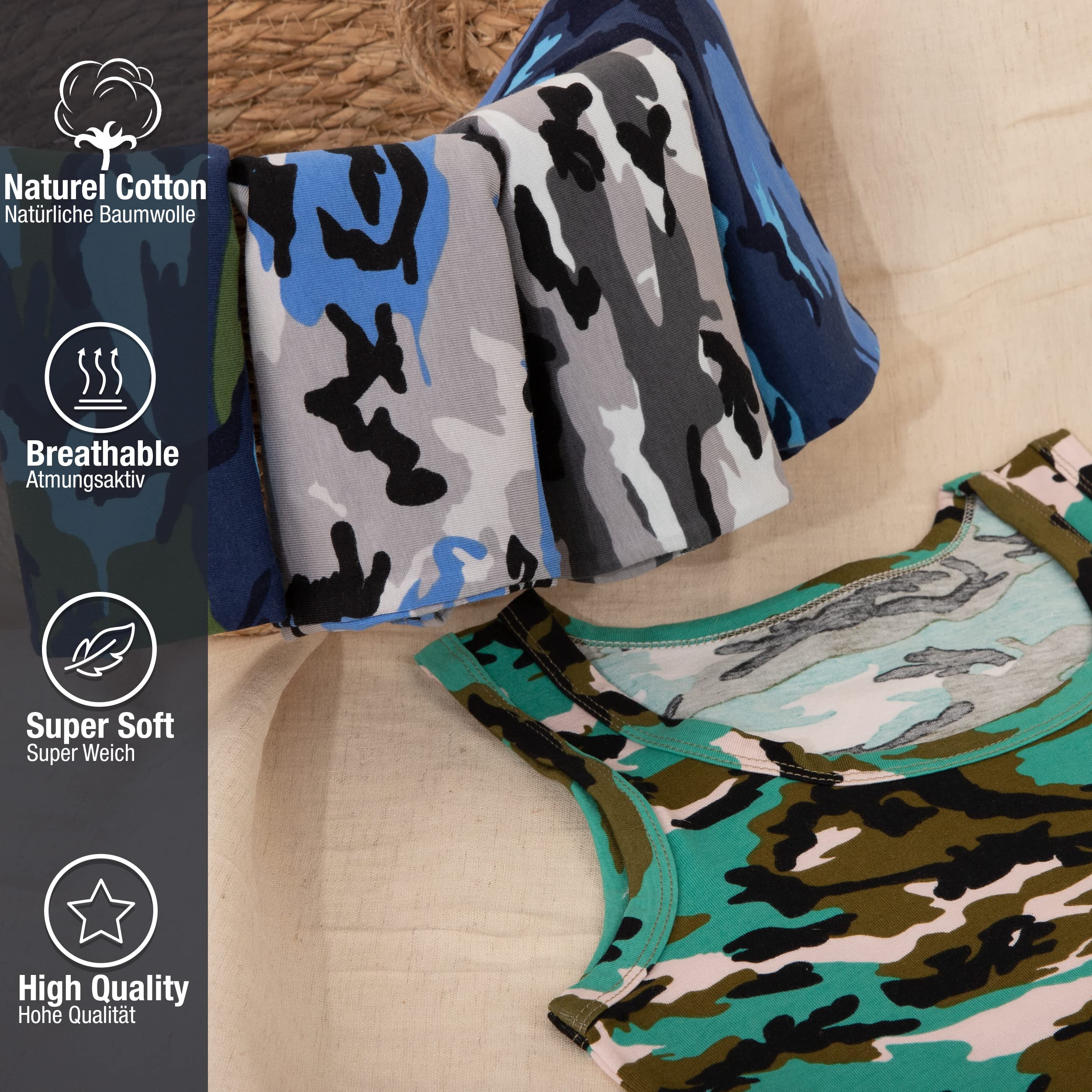 LOREZA ® 5 Pack Jungen Camouflage Unterhemden Tank Top aus Baumwolle Unterwäsche Shirt Army 2-15 Jahre Gr.92-170