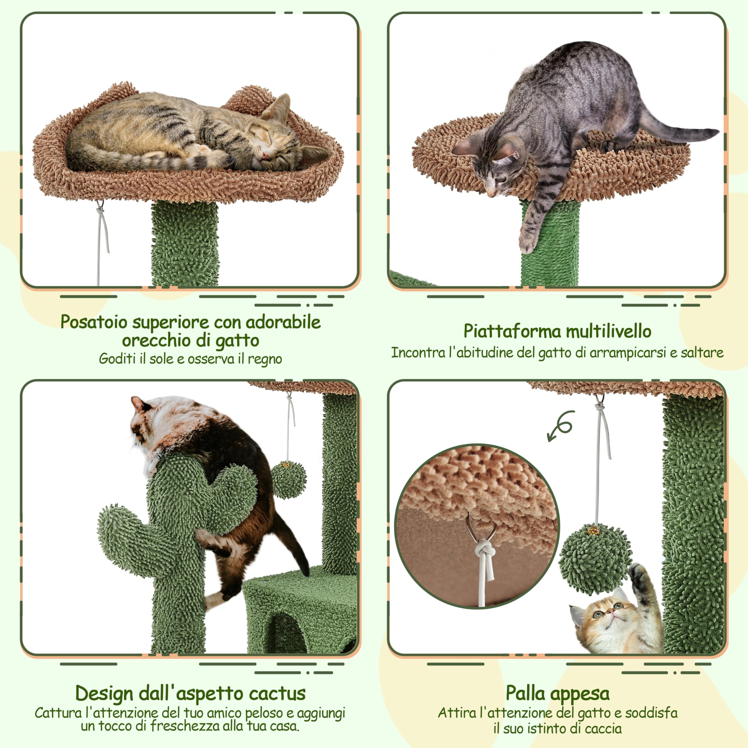 Yaheetech Albero Tiragraffi per Gatti a Forma di Cactus Condominio Palla Gioco in Truciolato e Corda di Sisal 48,5 cm × 48,5 cm × 138 cm