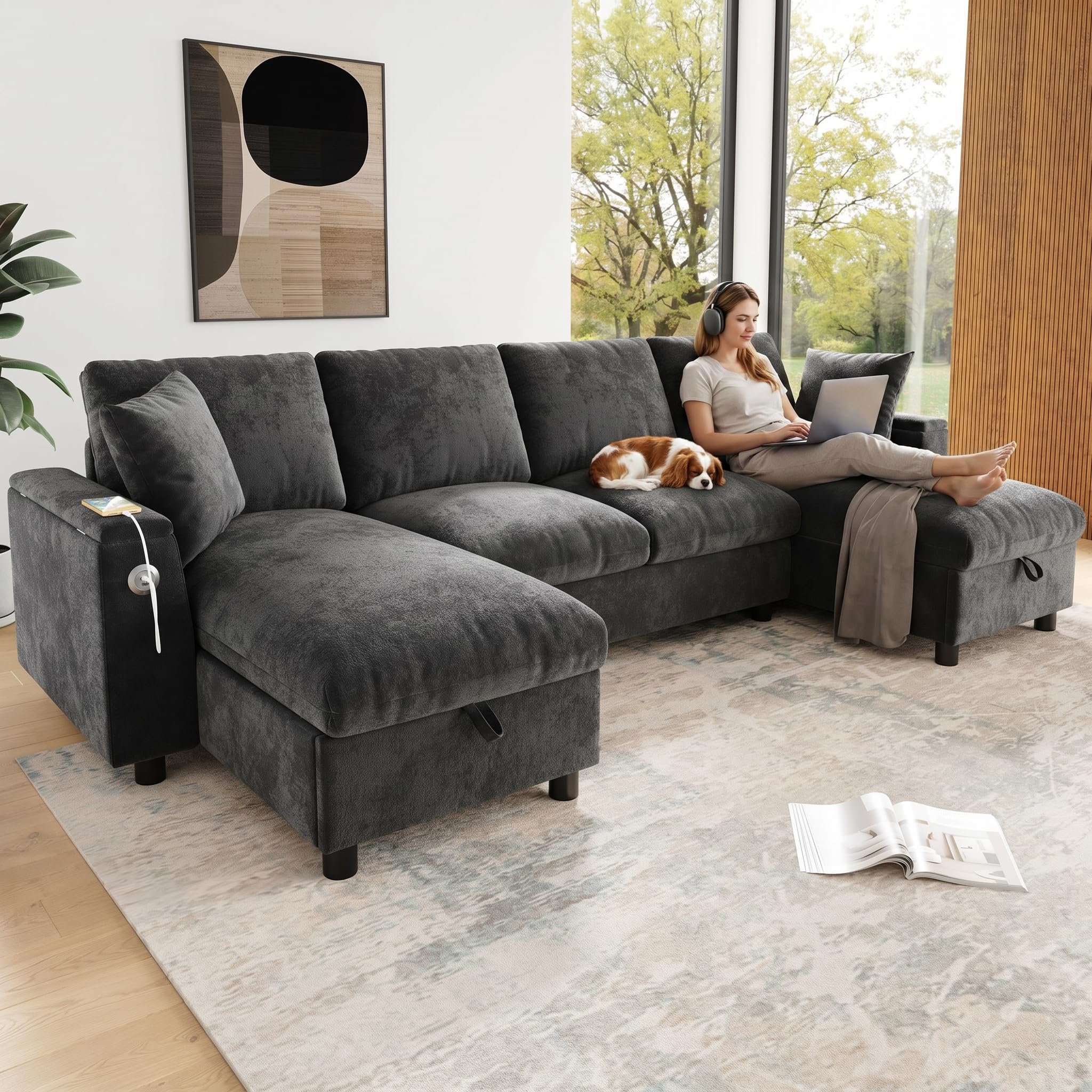 Muskel Chenille Wohnland 284 × 135 cm, sofá esquinero en forma de U con dos chaise longues y 2 plazas, sofá con espacio de almacenamiento abatible, cómodo sofá para salón, gris