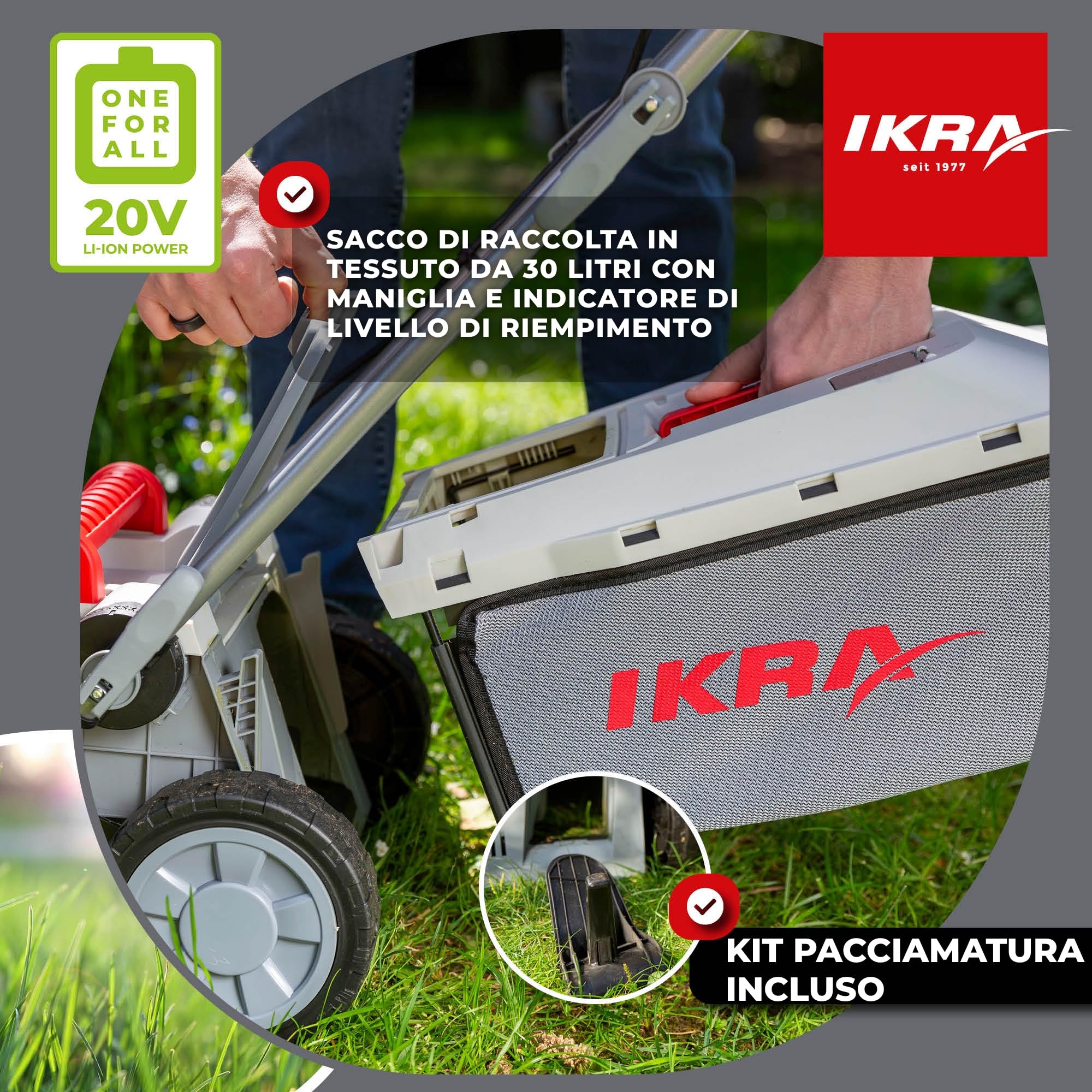 IKRA tosaerba ICM 2033, 33 cm, con 2 batterie da 20 V e caricabatterie | Altezza di taglio 25-75 mm, tosaerba mulching per prati fino a 150 m², sacco di raccolta da 30 l, batteria 20 V di IKRA