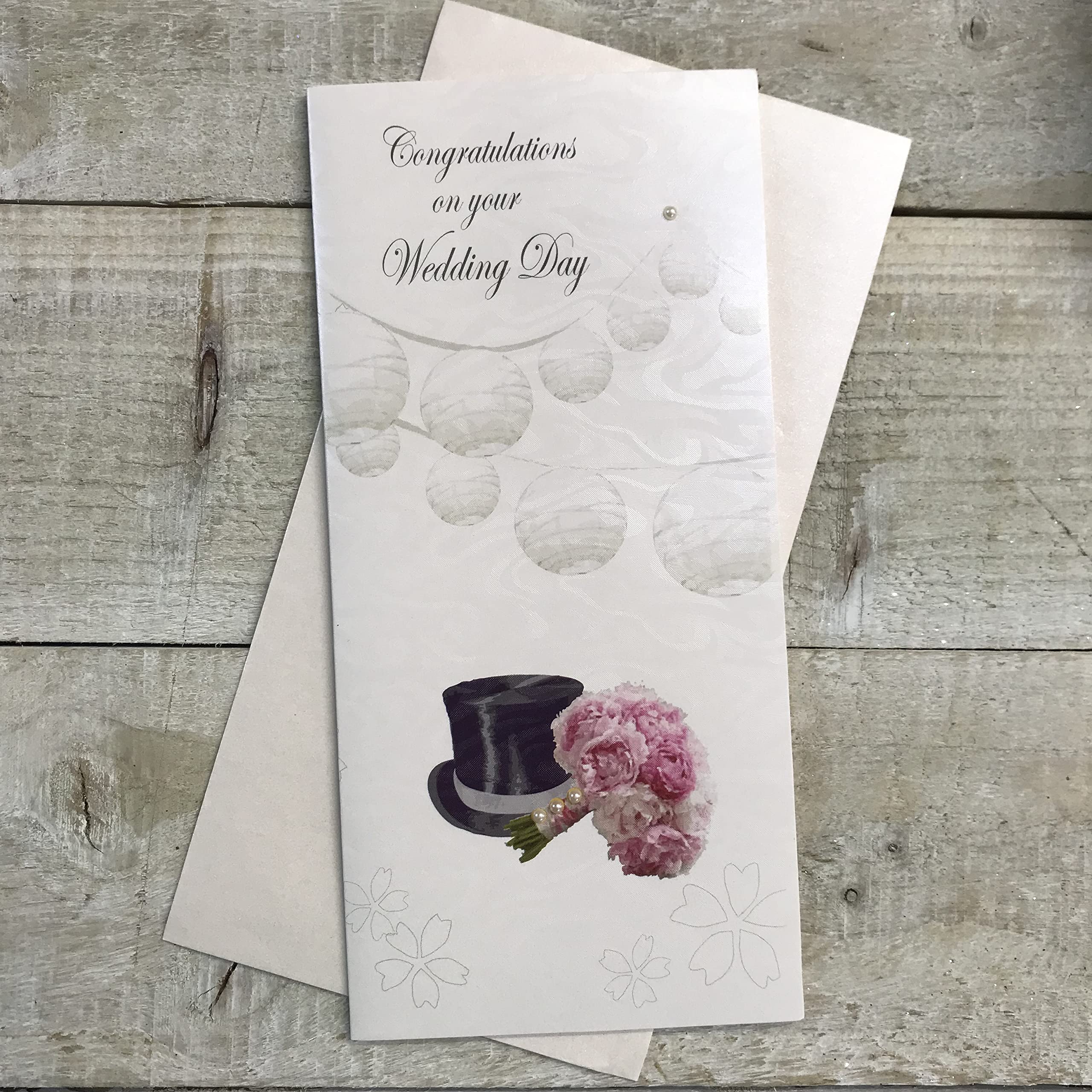 White Cotton Cards Congratulations on Your Wedding Day Money Wallet Hat and Bouquet Card