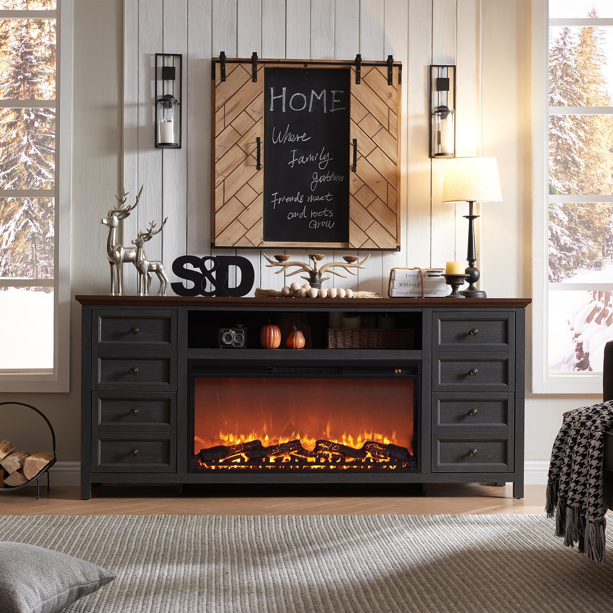 Fireplace TV Stand for TVs up to 80 Inches with 36" Electric Fireplace, 31" Farmhouse Tall Entertainment Center w/Drawer & Adjustable Shelves, Highboy Media Console for Living Room, 70inch, Dark Grey