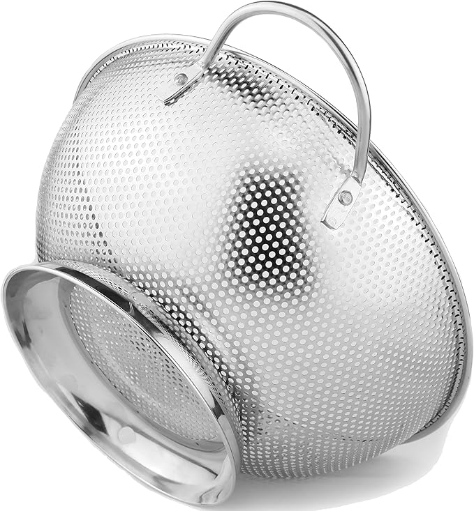 DLD Stainless Steel Micro-Perforated 5-Quart Colander - Professional Strainer with Heavy Duty Handles and Self-draining Solid Ring Base - Dishwasher Safe