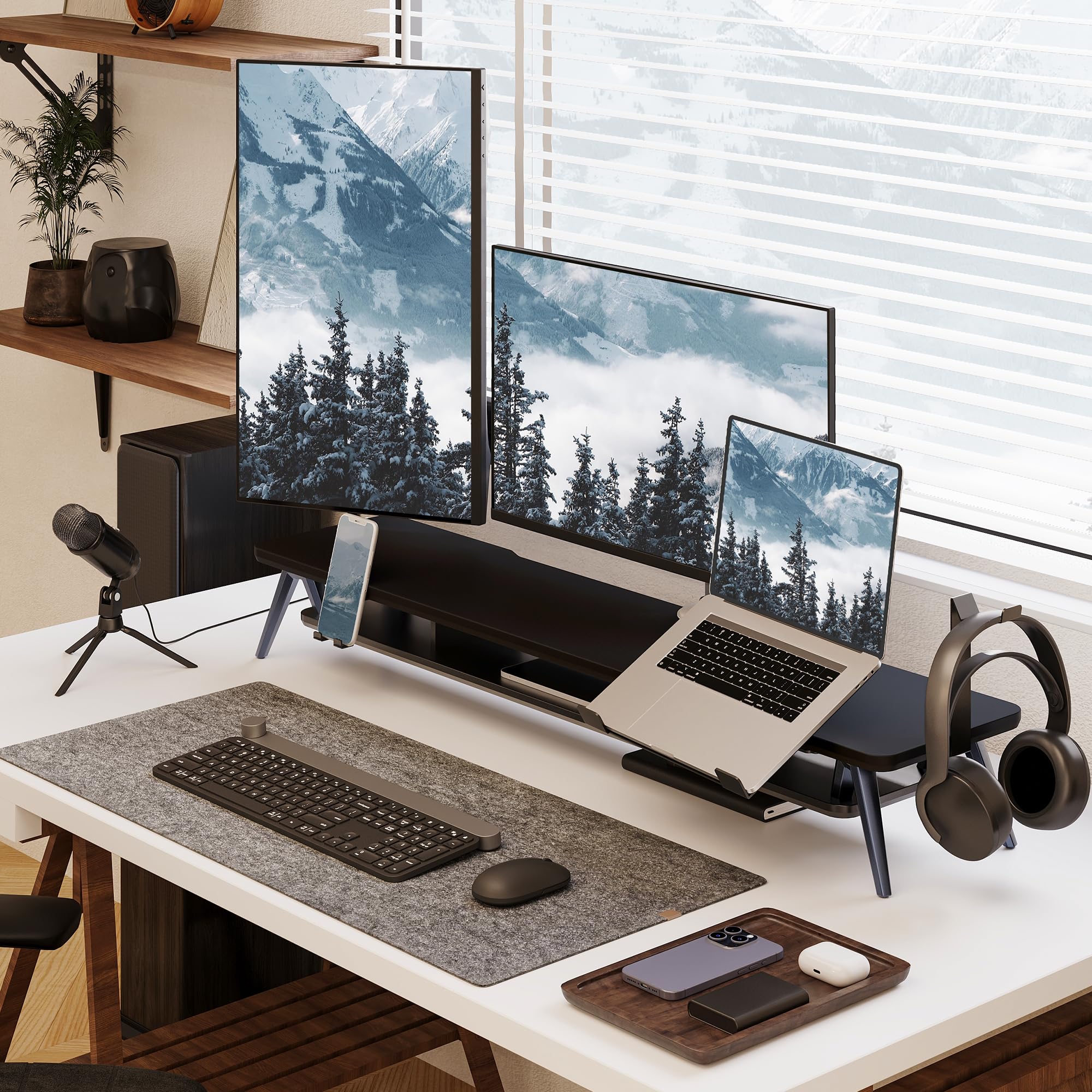 Fenge Supporto per Doppio Monitor con Supporto per Laptop/Telefono, Supporto per Computer a 2 Strati con Ampio Spazio di Archiviazione, 108x23,5x14,5cm Capacità di Carico 50KG (Nero)