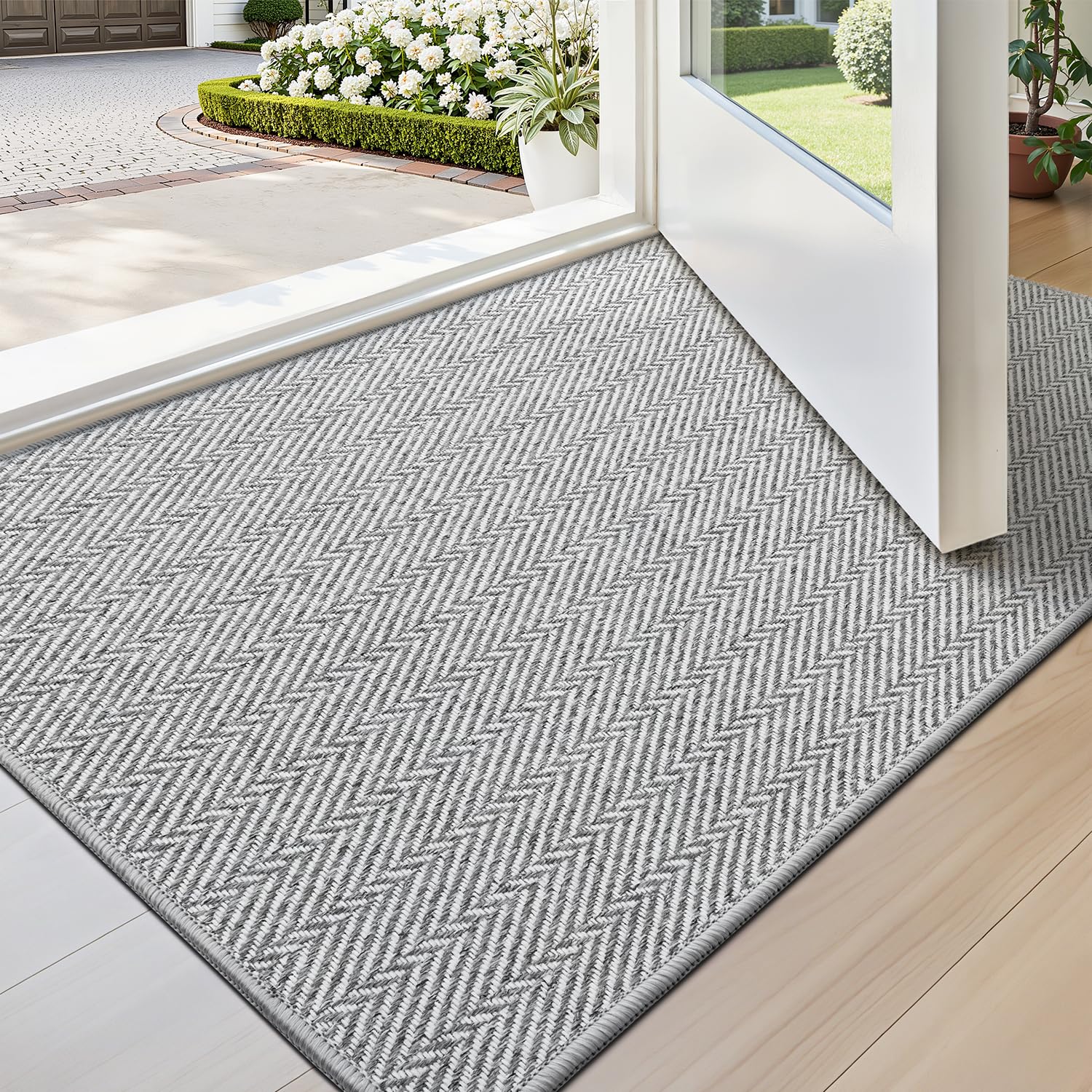 LUMI Ultra Thin Indoor Door Mat for Entrance 24"x36", Non Slip Entryway Mat, Low Profile Doormat, Unique Herringbone Design Carpet for Inside, Patio,