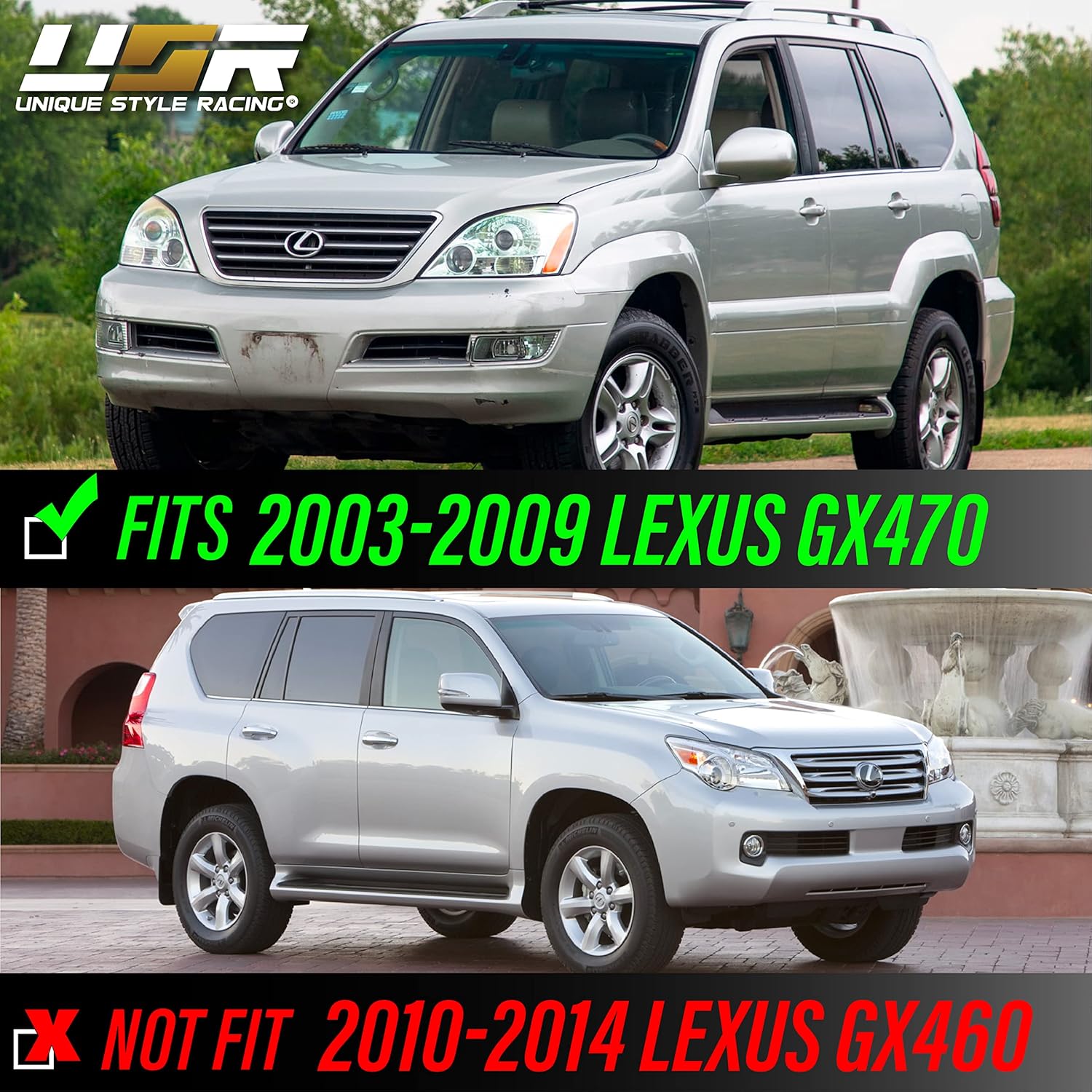 USR 03-09 GX470 Headlights – Black Housing Head Lamps (Left + Right) Pair - Compatible with 2003-2009 Lexus GX470 SUV All Models (PROJECTOR - GLOSSY BLACK HOUSING HEADLIGHT/PLUG AND PLAY READY)