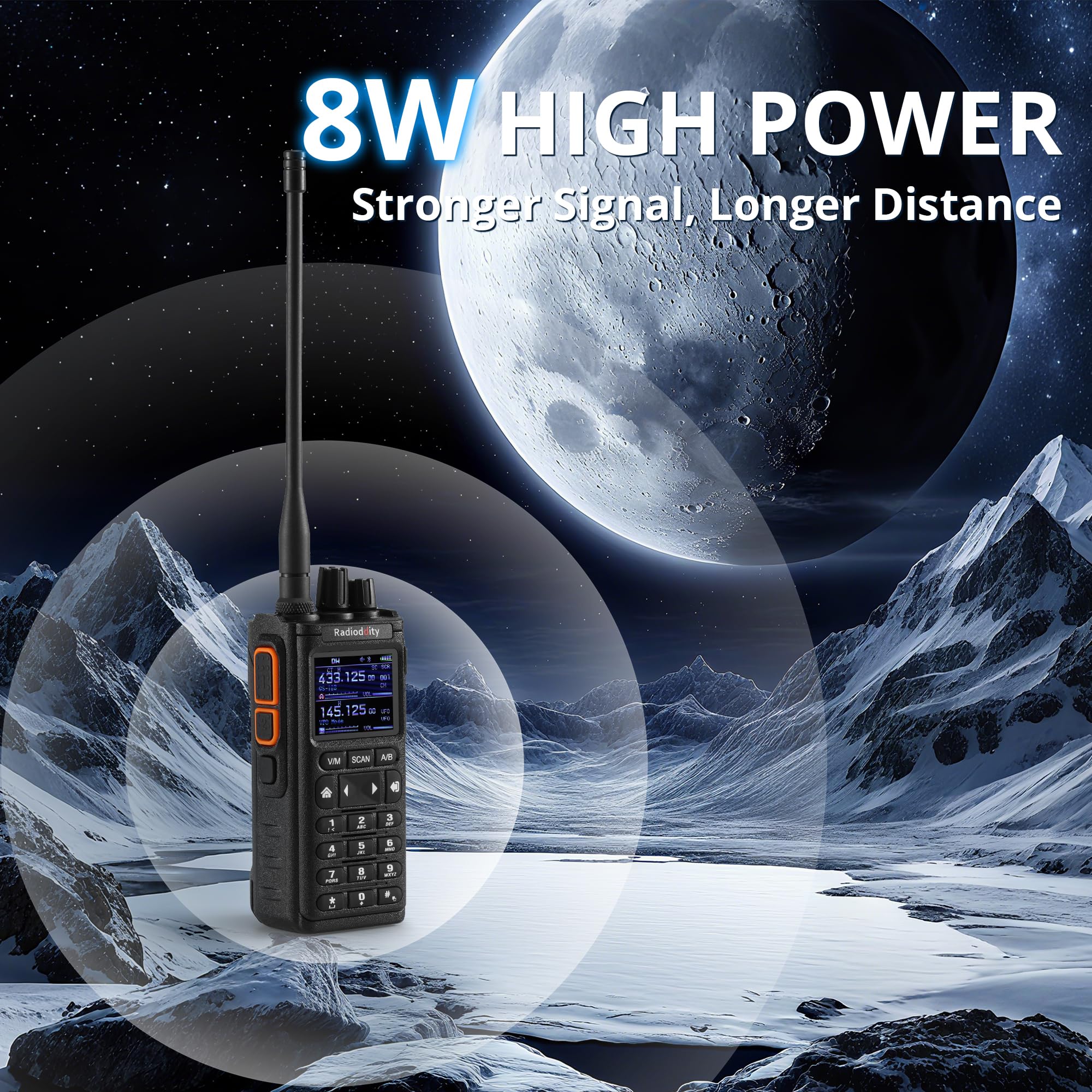 Radioddity GS-10B Radio Ham 8W, Radio Bidireccional Largo Alcance con Programación App Inalámbrica, UHF VHF FM Aviación, Dual PTT, Batería 2500mAh & USB-C, Reducción Ruido & Sincroniz de Canales