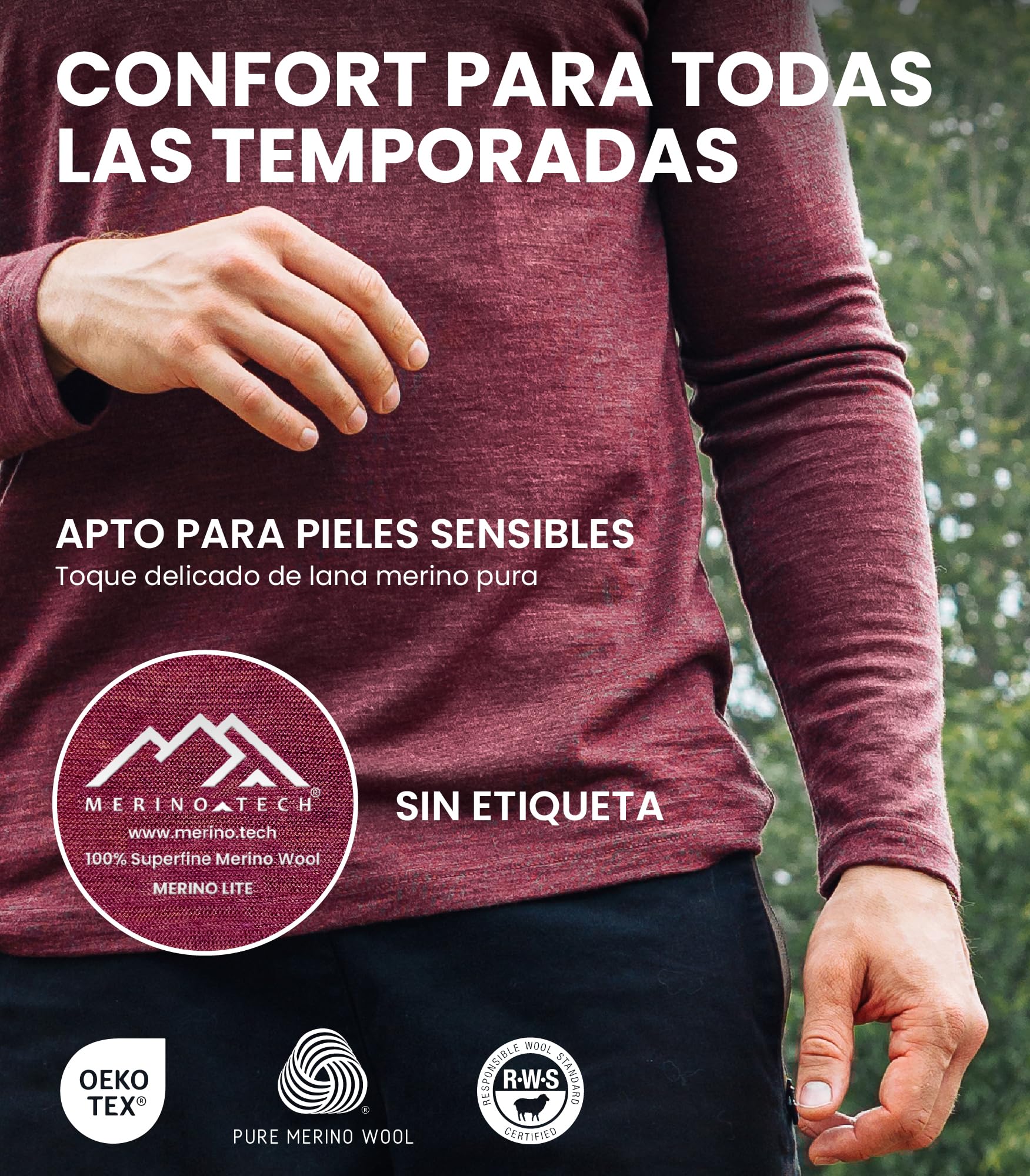 Merino.tech Camiseta Manga Larga Lana Merino Hombre - 100% Lana Merino | Cuello redondo o en V, no pica, ideal para casual u oficina, antiolores, transpirable