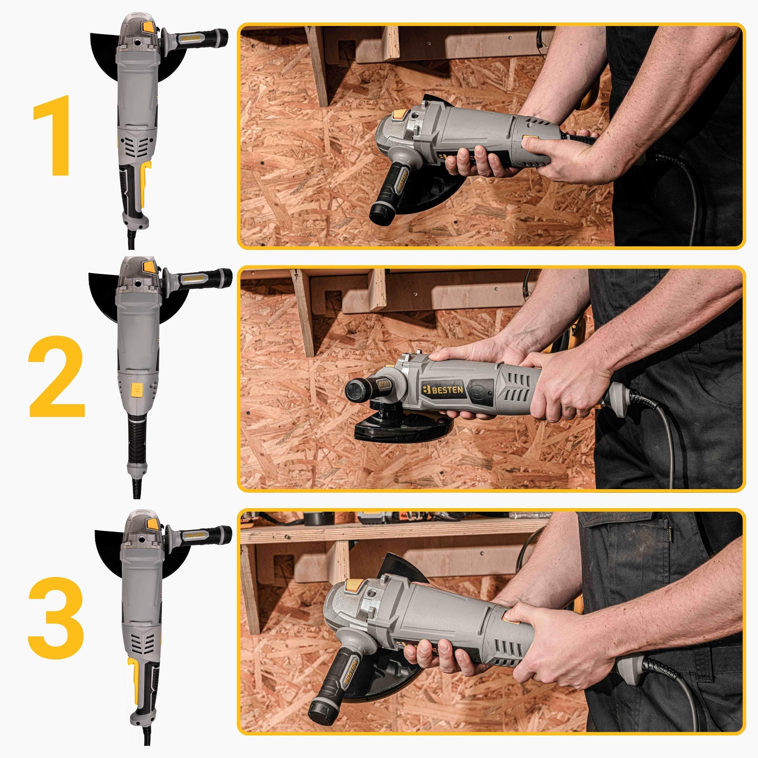 Szlifierka kątowa 230 mm • 2400 W • 6500 obr/min • Soft Start • gwint M14 • rękojeść obrotowa 180° • uchwyt 3-pozycyjny • walizka • BESTEN BE0002930