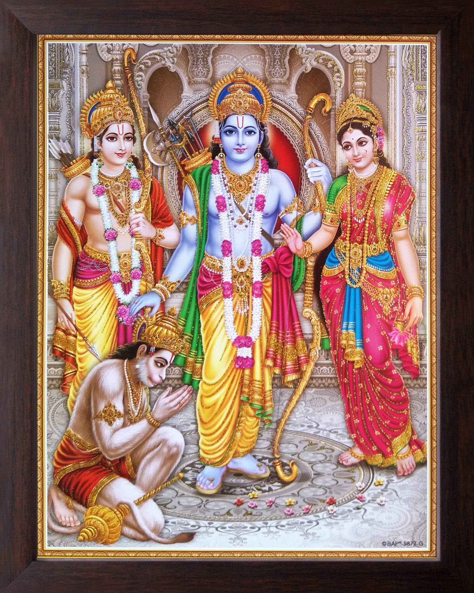 Lord Ram, Lord Hanuman, Laxman & Devi Sita Glitter Work Religious & Decor Painting with Frame (30 X 23.5 X 1.0_ Acrylic Sheet Used)