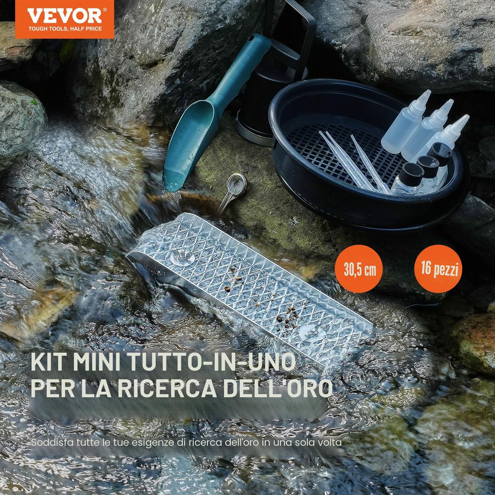 VEVOR Kit per Ricerca dell'Oro Mini Cassetta di Sicurezza, Attrezzatura per l'Estrazione d'Oro in Alluminio da 12 Pollici, Kit Pentola per Ricerca dell'Oro da 16 Pezzi Accessori Completi 8,9x30,48 cm