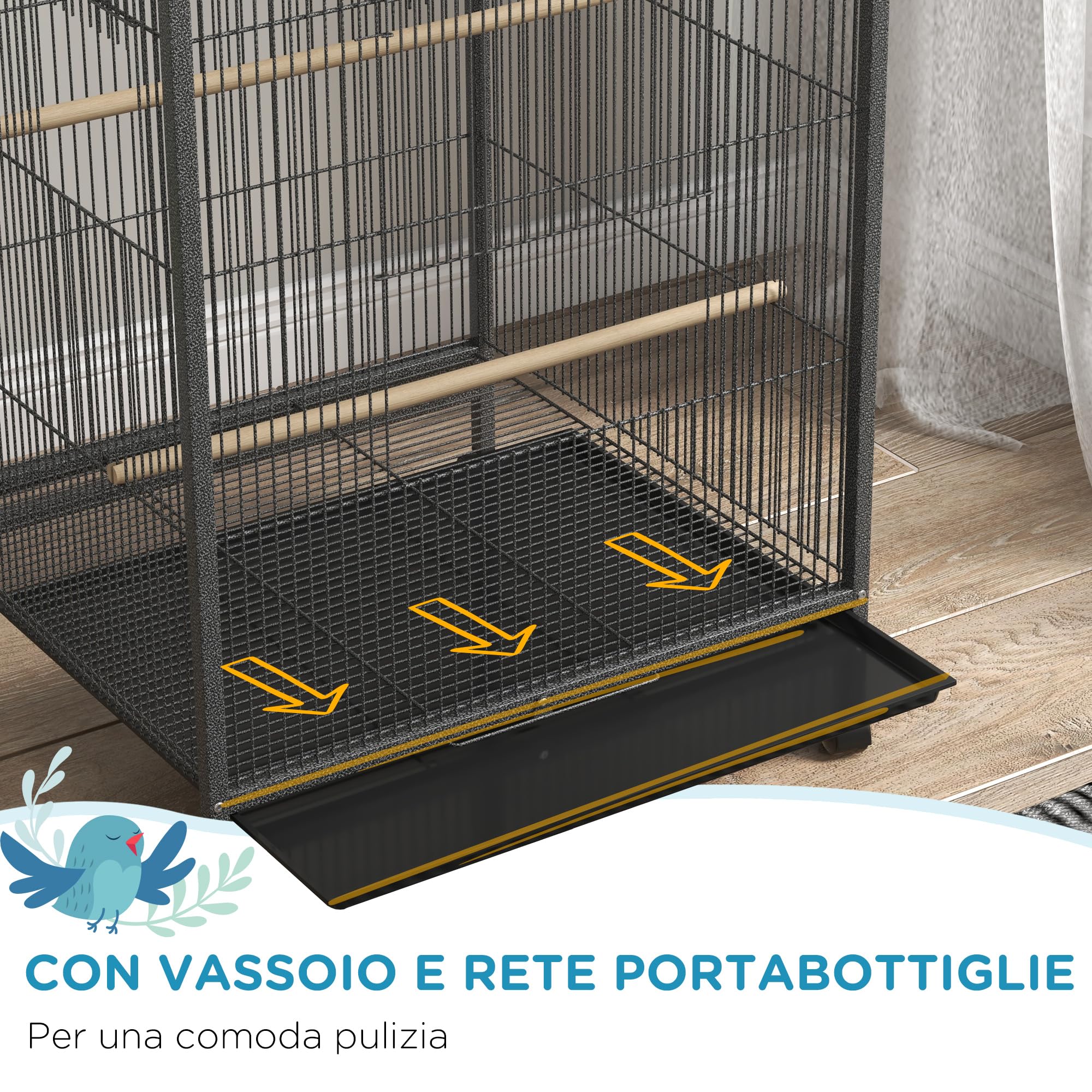 PawHut Gabbia per Uccelli in Acciaio e Plastica PP con 5 Porte, 2 Posatoi, Altalena e Vassoio Estraibile, 48x46x78 cm, Grigio