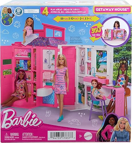 Miniatura 6 de Barbie Juego de casa de muñecas, casa de escapada con 4 áreas de juego que incluyen cocina, baño, dormitorio y salón, 11 accesorios de decoración