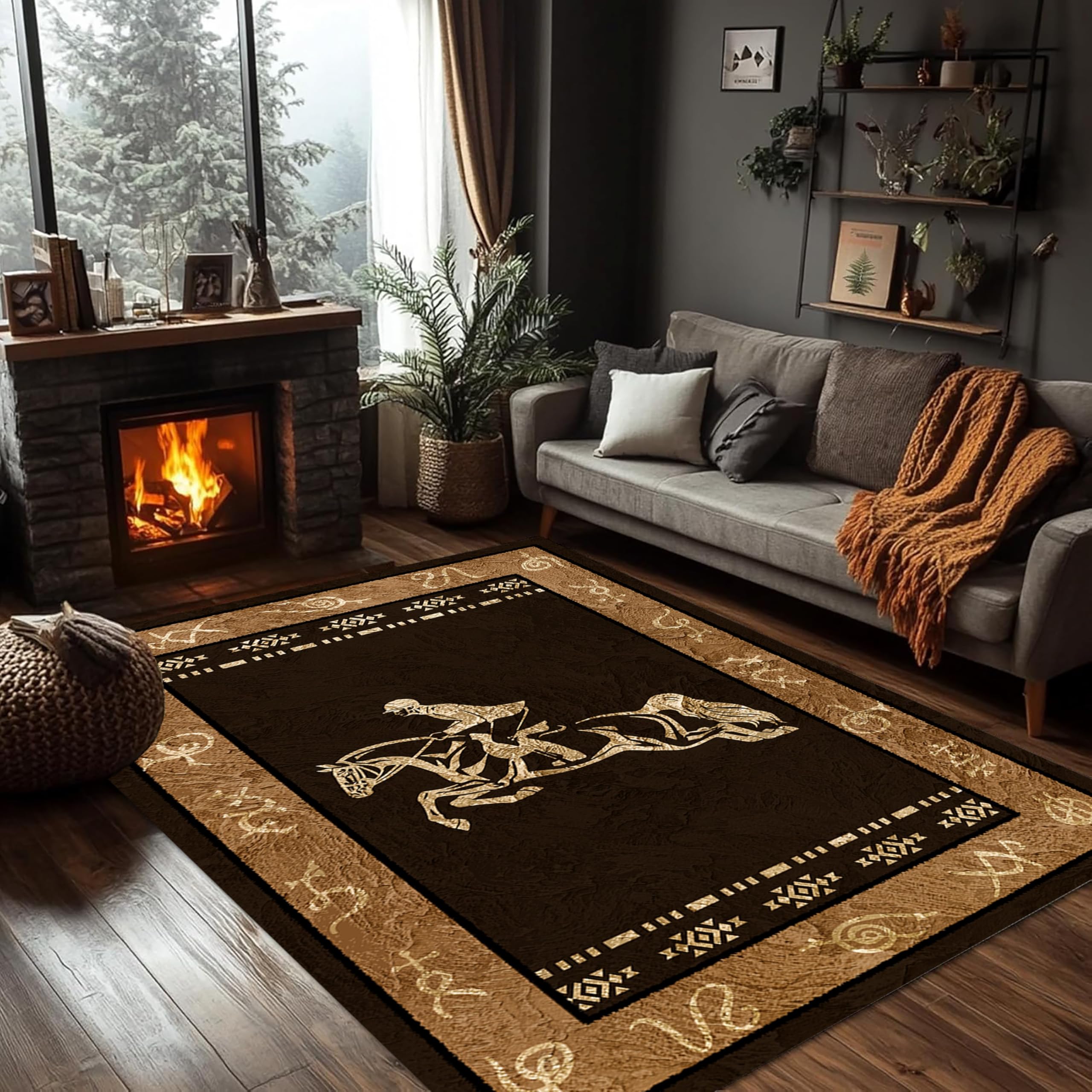 PDENZG Knight Vintage Area Rugs，160x230cm,Nordic Horse Racing Decorative Mat Living Room Area Rug，Southwestern Native American Aztec Rugs，for Bedroom, Dining Room Western Decor Mat